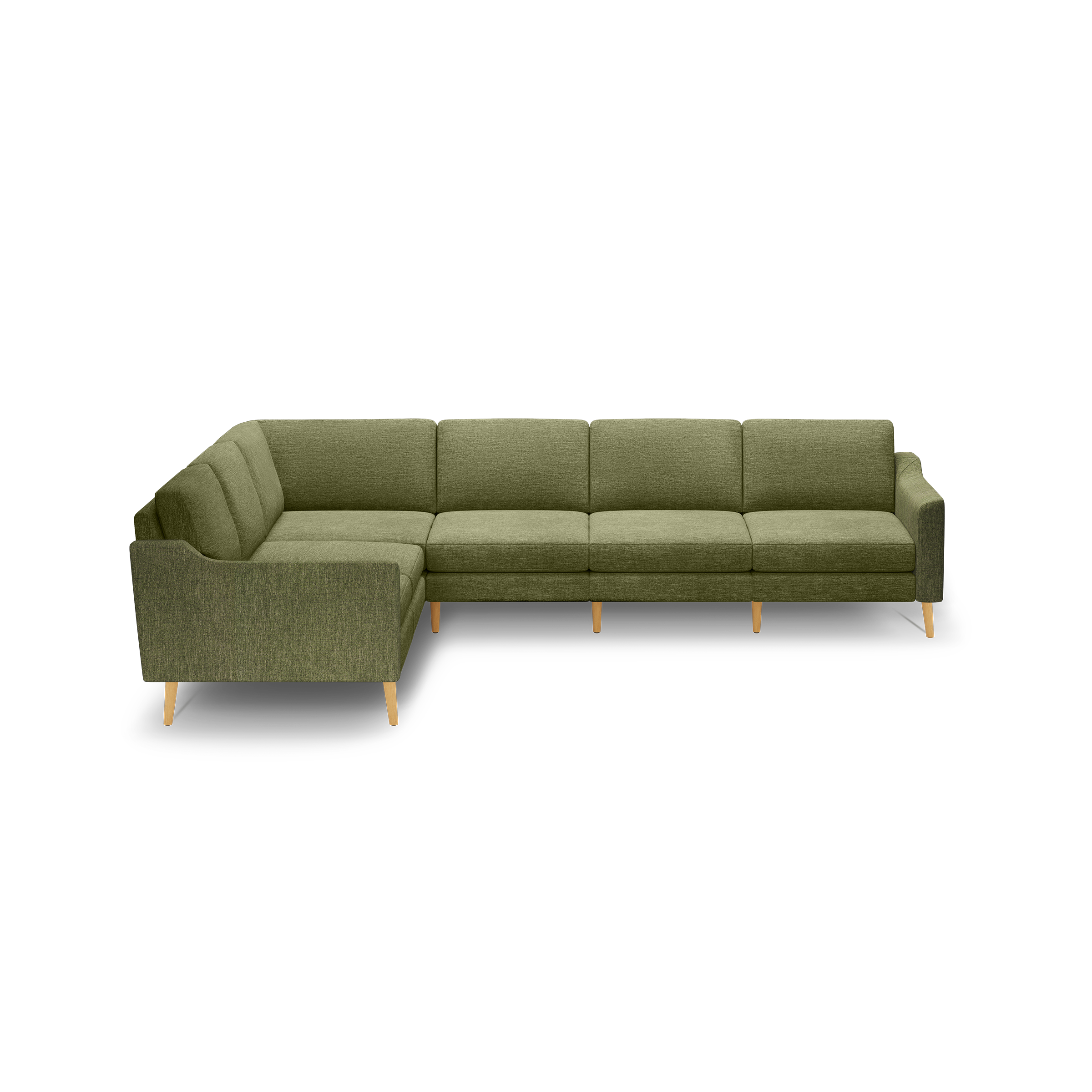 Olive green L-shaped sectional sofa with wooden legs, featuring clean lines and cushioned seats and backrests.