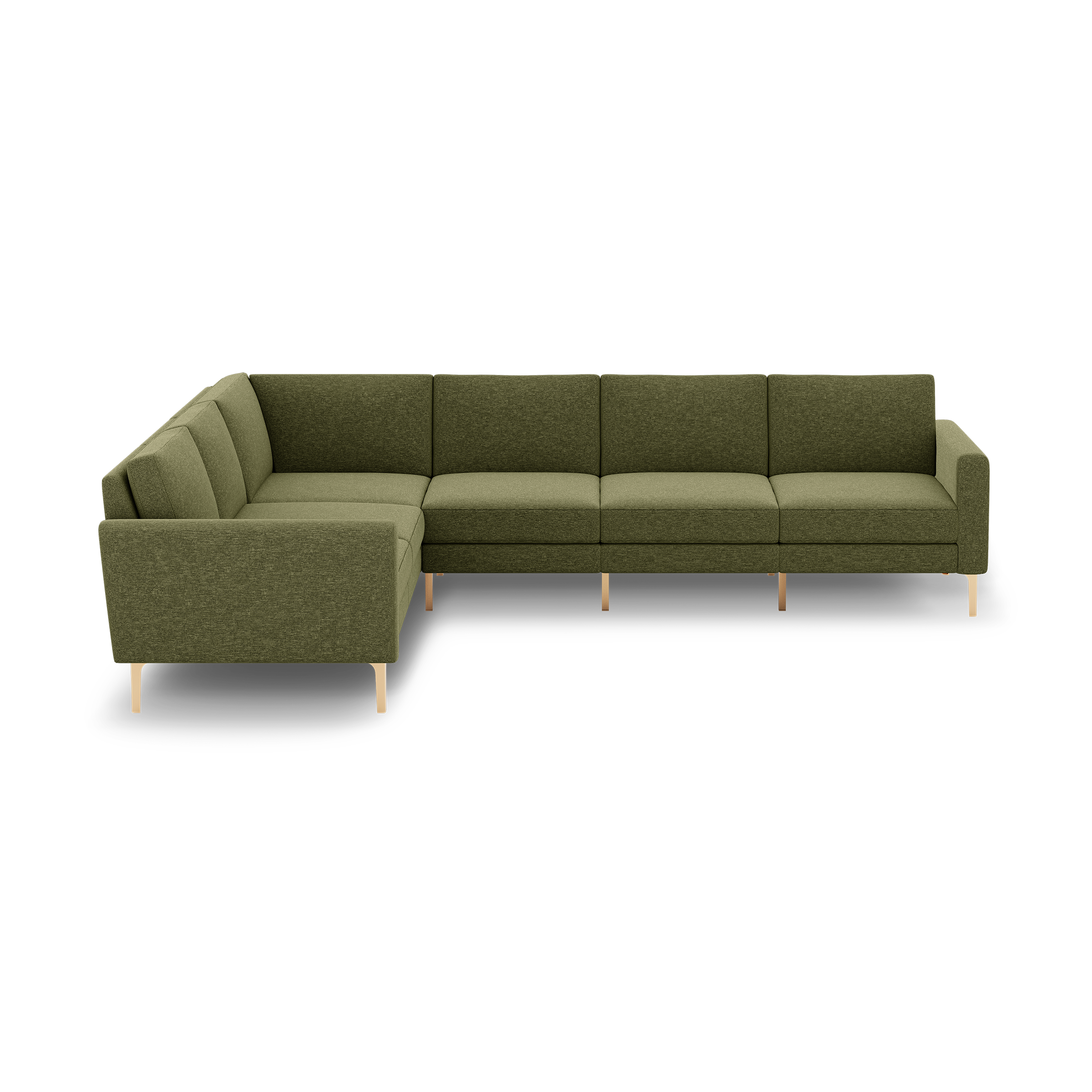 Large L-shaped sectional sofa upholstered in olive green fabric with tufted cushions and light wooden legs.
