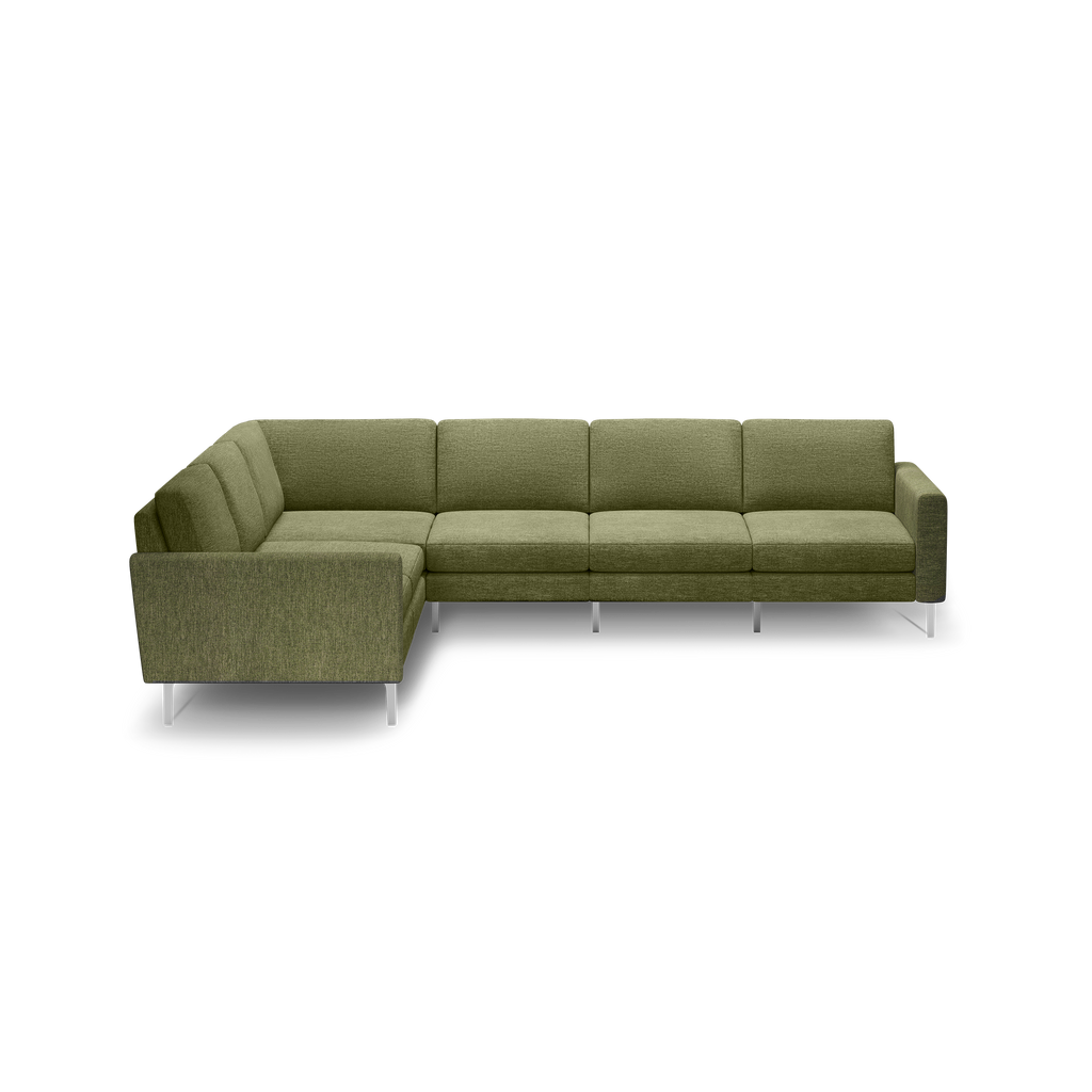 Modern L-shaped sectional sofa in olive green fabric with clean lines, cushioned seats, and metal tapered legs.