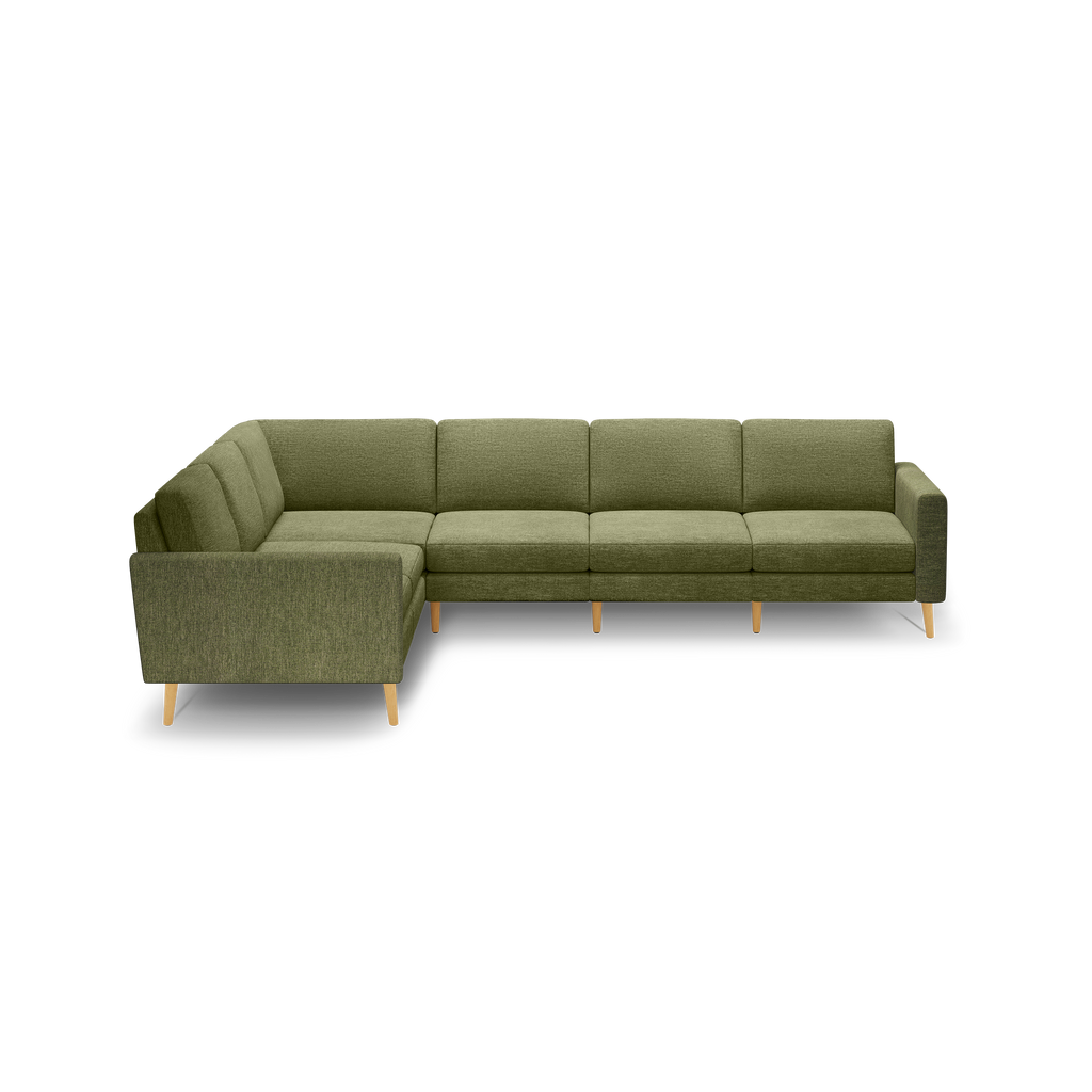 Olive green L-shaped sectional sofa with wooden legs, featuring a modern design and cushioned seats.