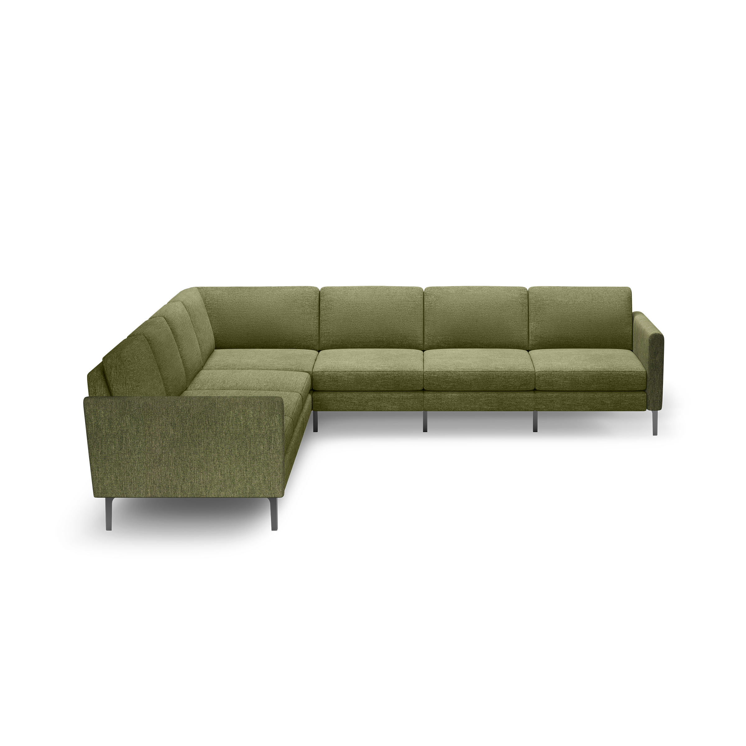 Olive green L-shaped sectional sofa with tufted cushions and slim black metal legs, modern minimalist design.