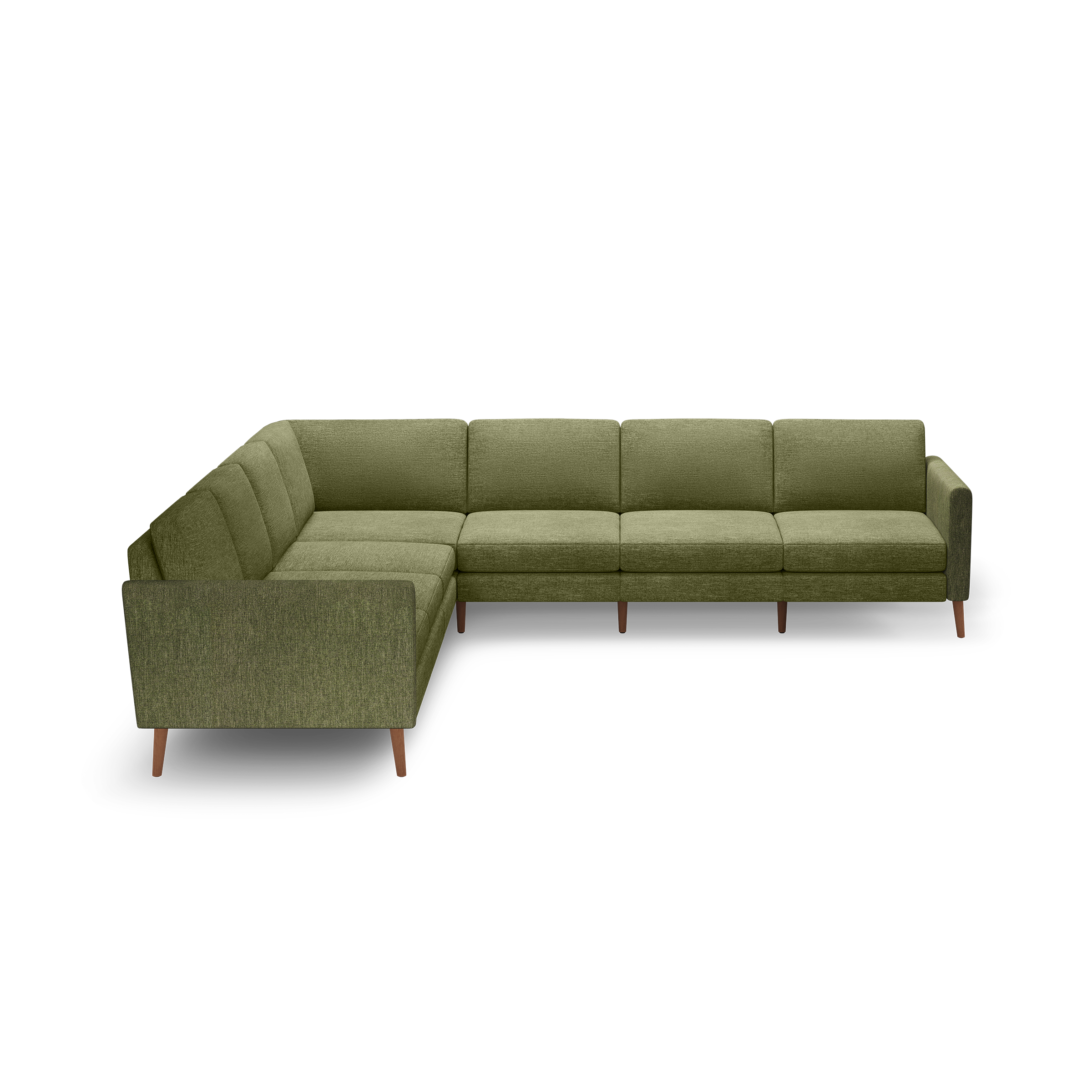 L-shaped sectional sofa with olive green fabric upholstery, tufted back cushions, and wooden legs, designed for spacious seating.