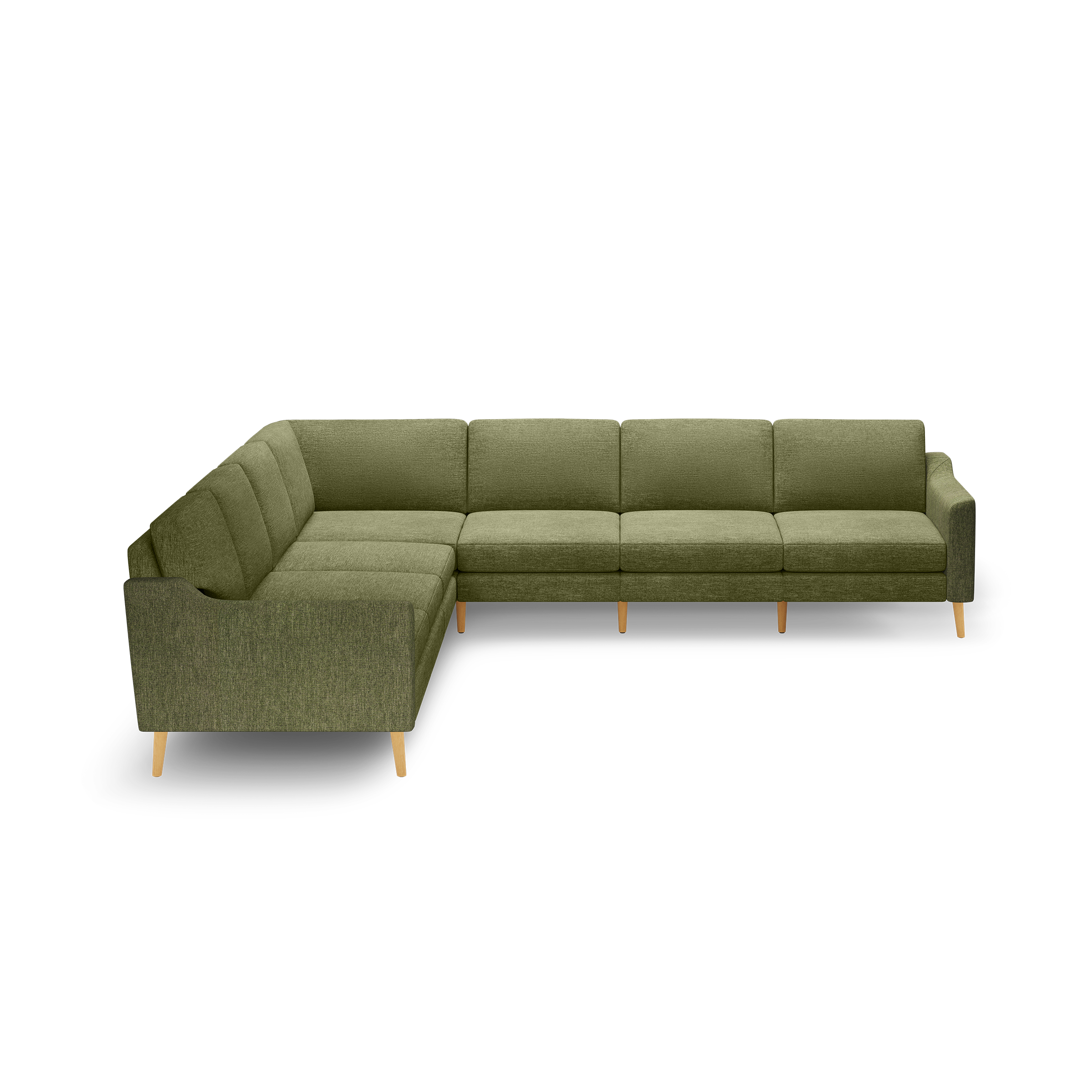 Olive green L-shaped sectional sofa with clean lines, tufted cushions, and light wooden legs on a black background.