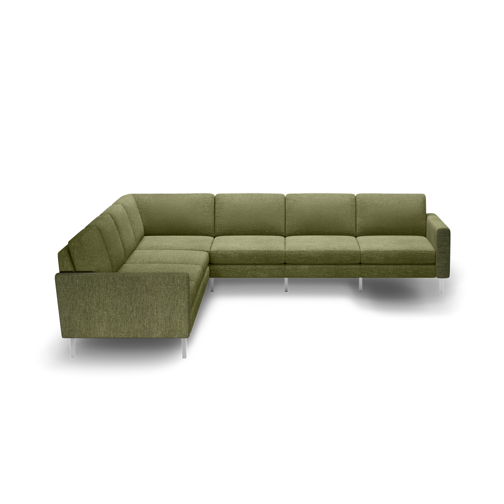 L-shaped modern sectional sofa upholstered in olive green fabric with metal legs, featuring cushioned seats and backrests.