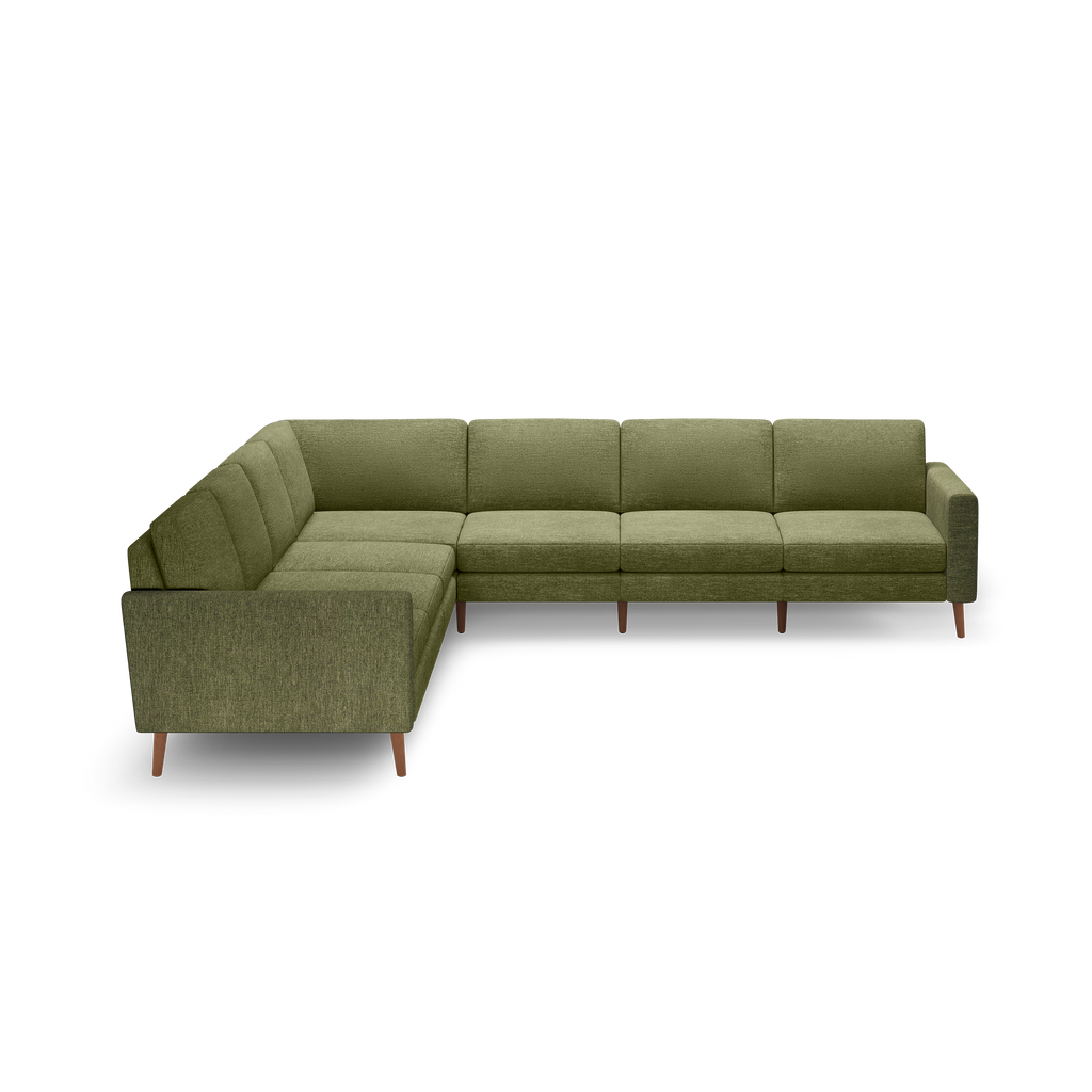 Olive green fabric sectional sofa with a modern design, featuring clean lines, tufted cushions, and wooden legs.