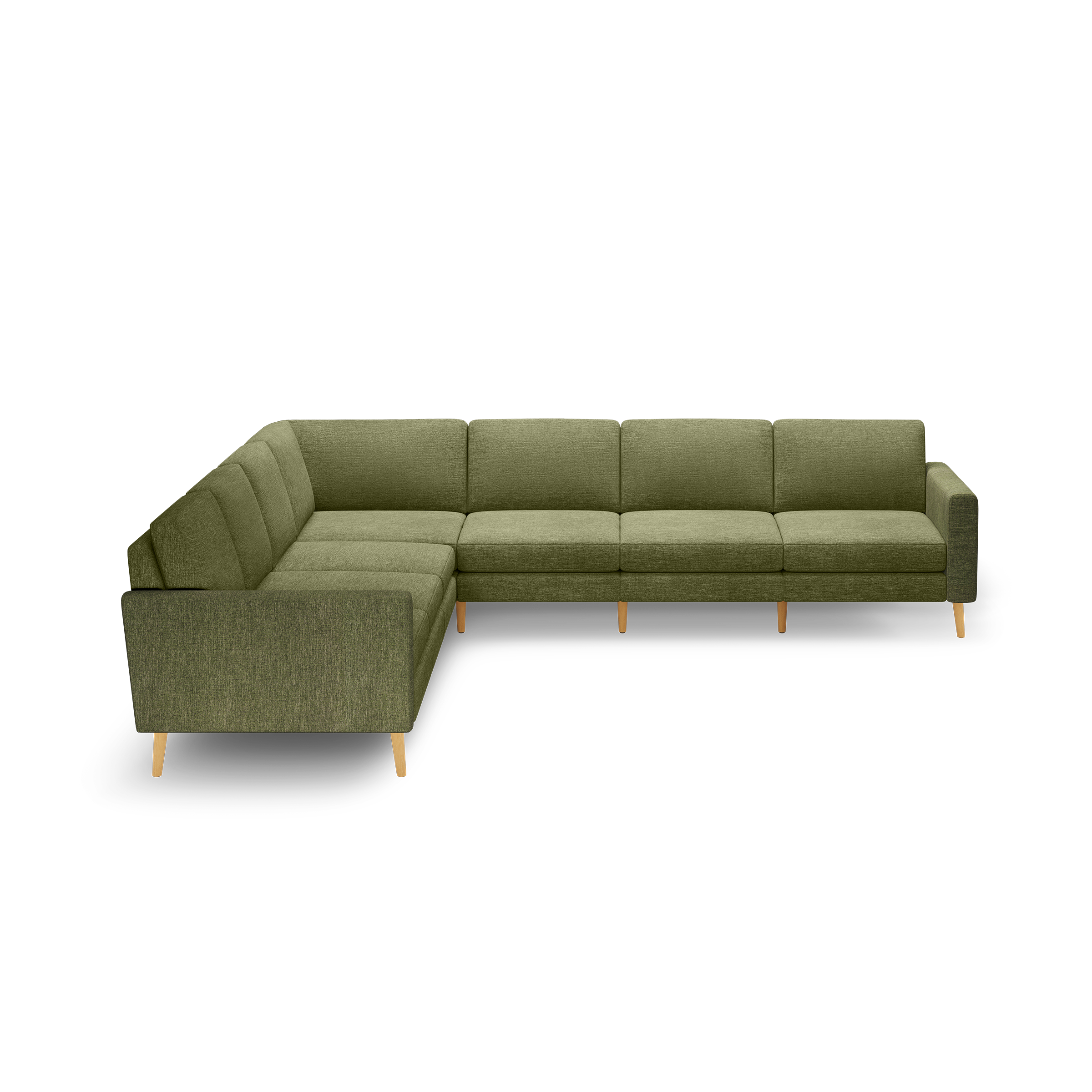 L-shaped sectional sofa in olive green fabric with tufted cushions and light wooden legs, featuring clean modern lines.