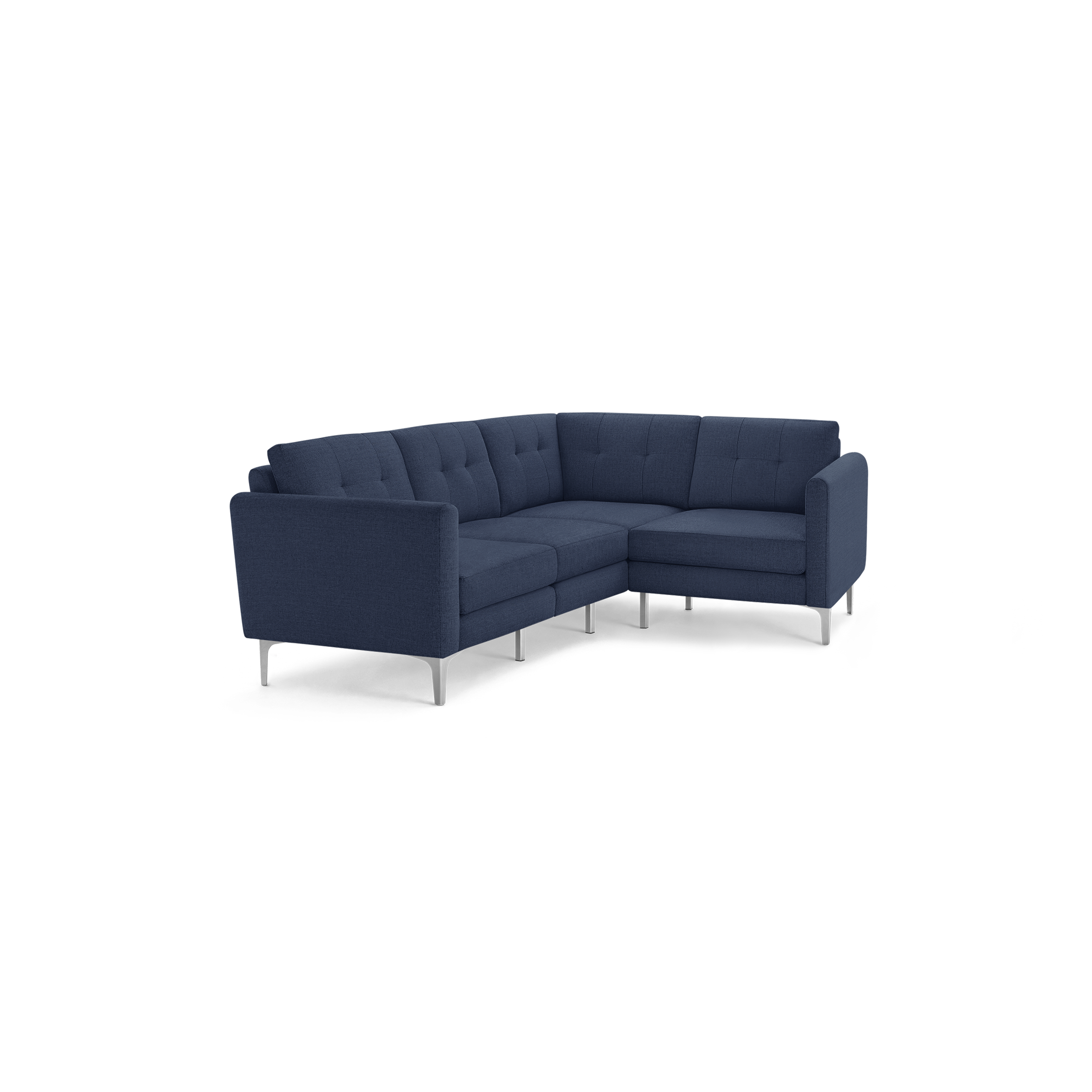 Modern navy blue fabric sectional sofa with tufted back cushions and sleek silver metal legs, designed for corner seating.