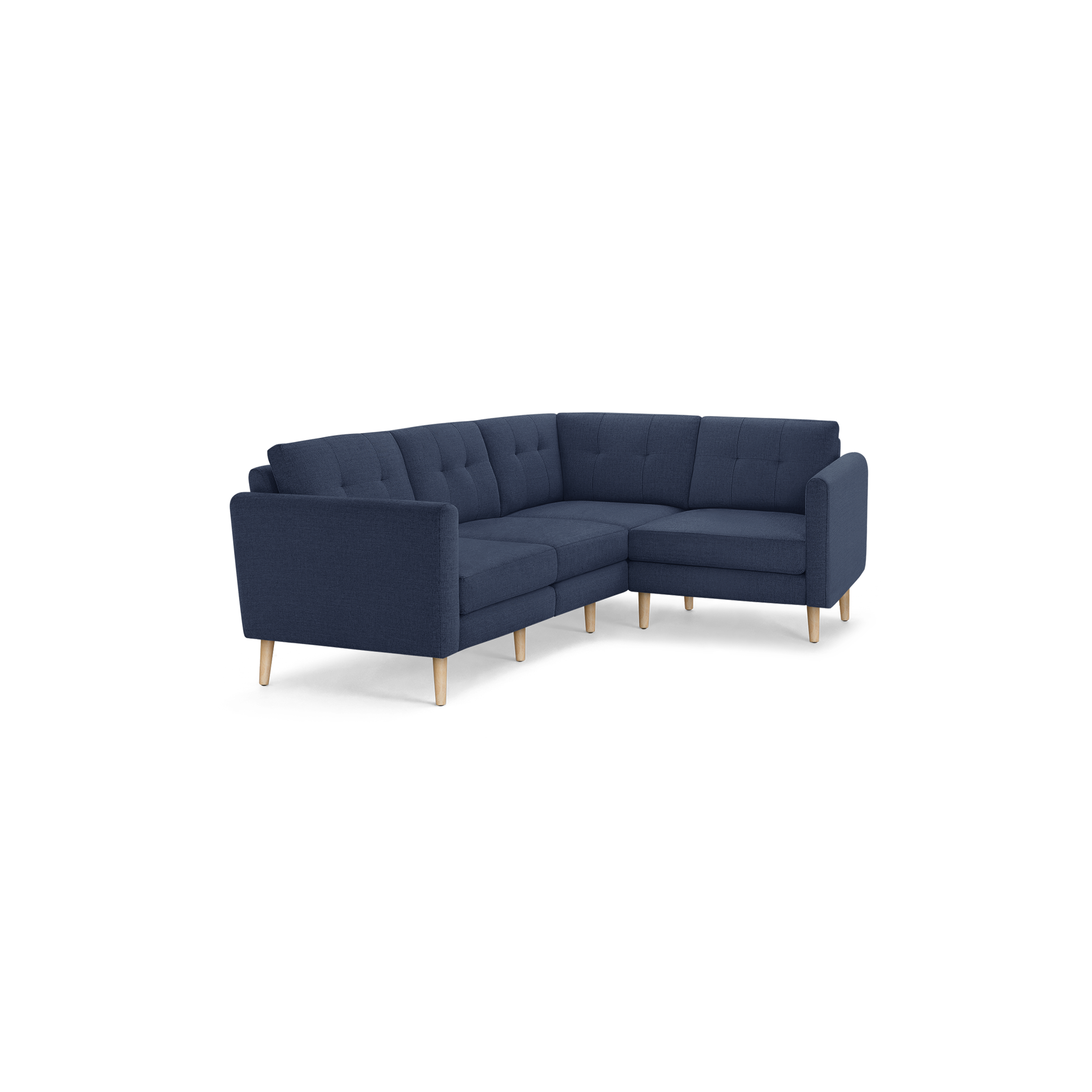 Modern L-shaped navy blue fabric sectional sofa with tufted cushions and light wooden legs, designed for corner seating.