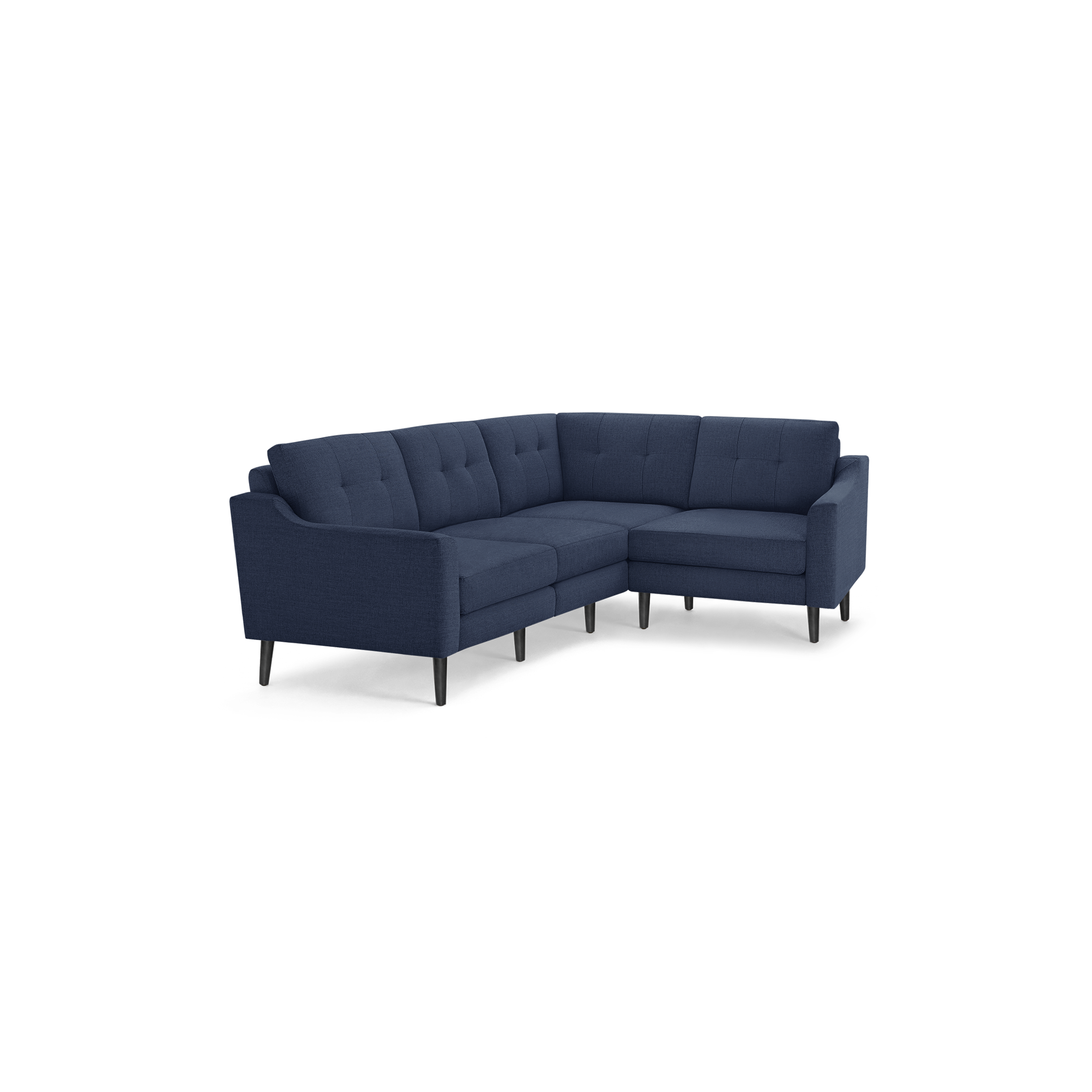 Modern navy blue fabric sectional sofa with tufted back cushions and slender black wooden legs, designed for corner placement.