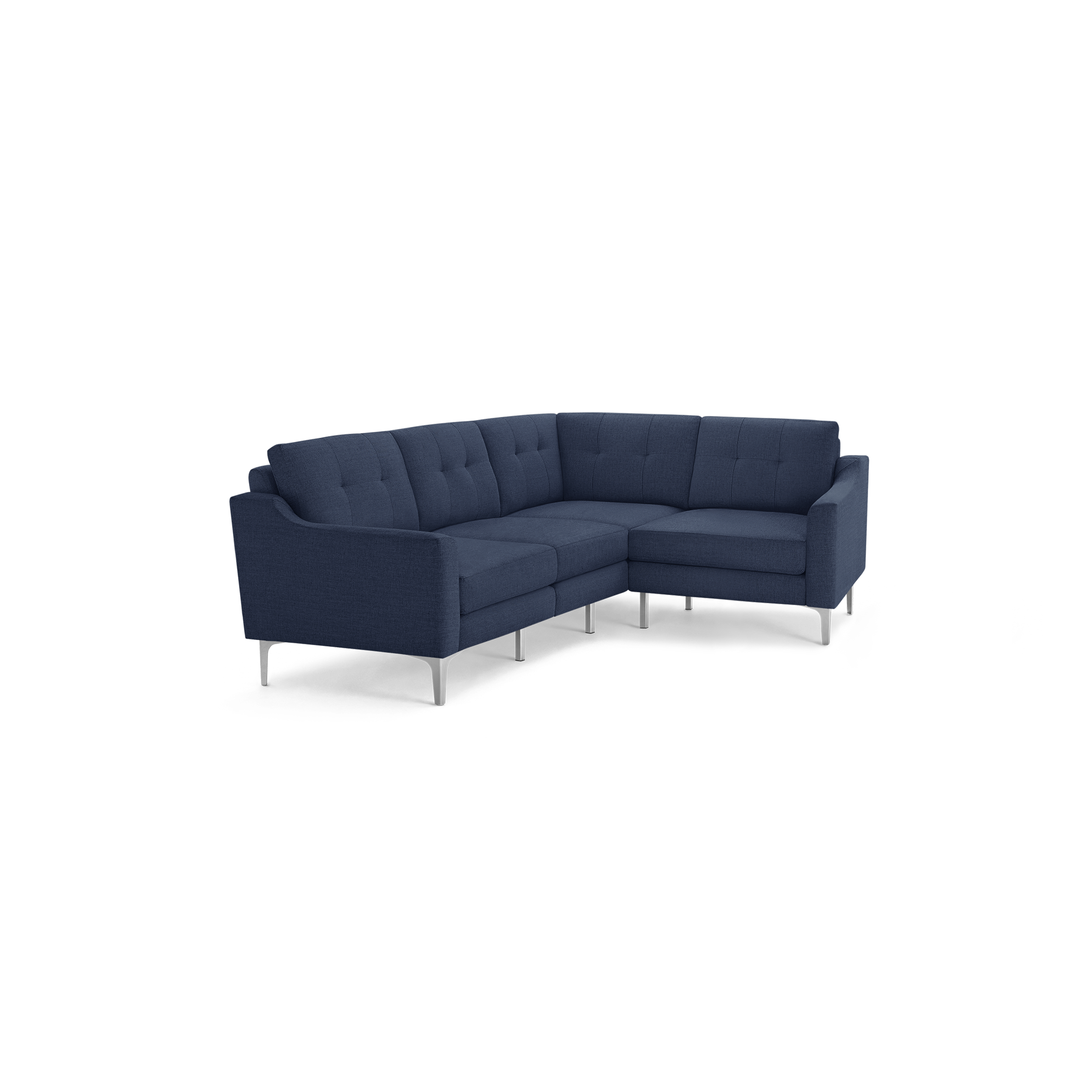 Modern L-shaped sectional sofa with navy blue tufted fabric upholstery and slim silver metal legs, featuring cushioned seats and backrests.