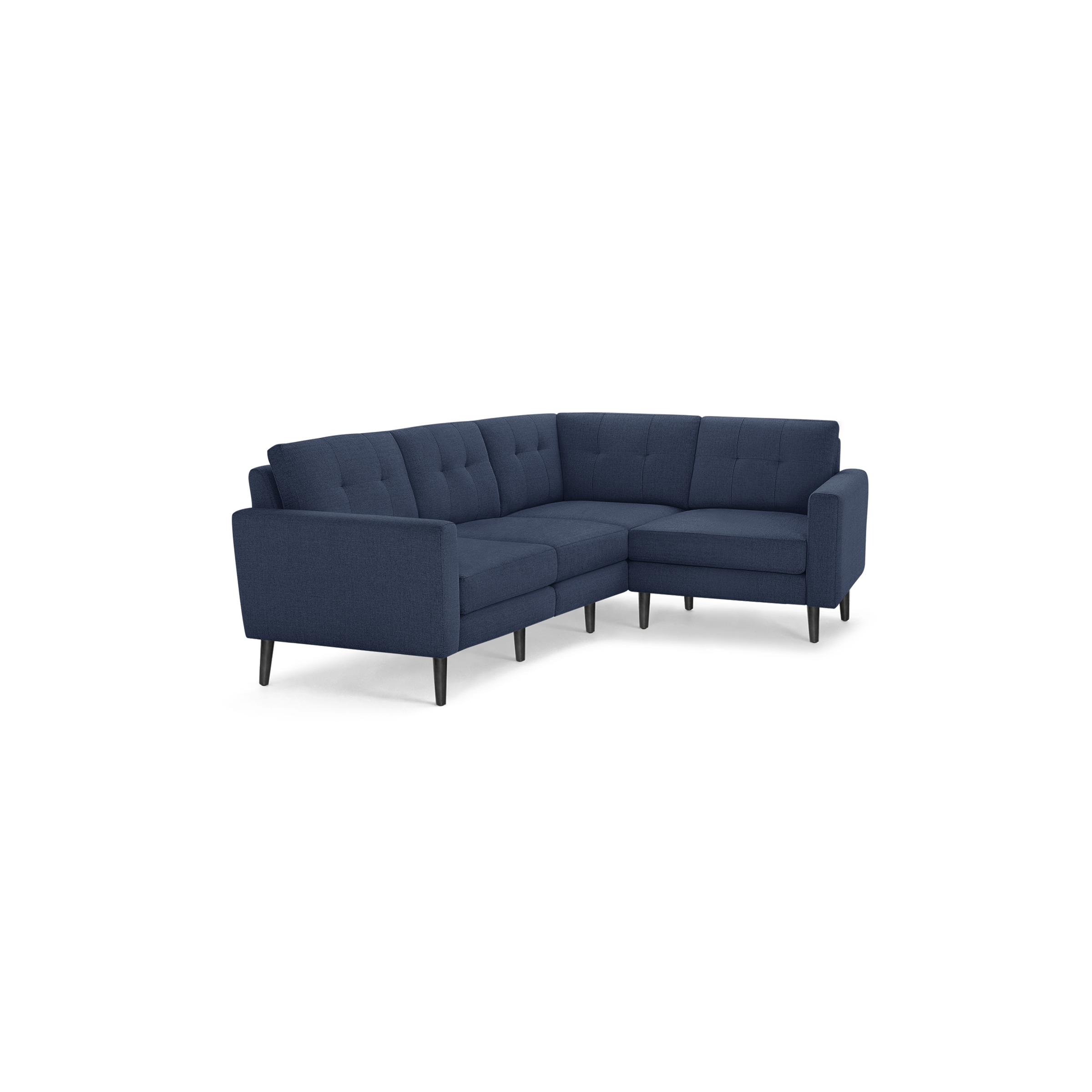 Modern navy blue fabric sectional sofa with tufted cushions and black wooden tapered legs, designed for corner placement.