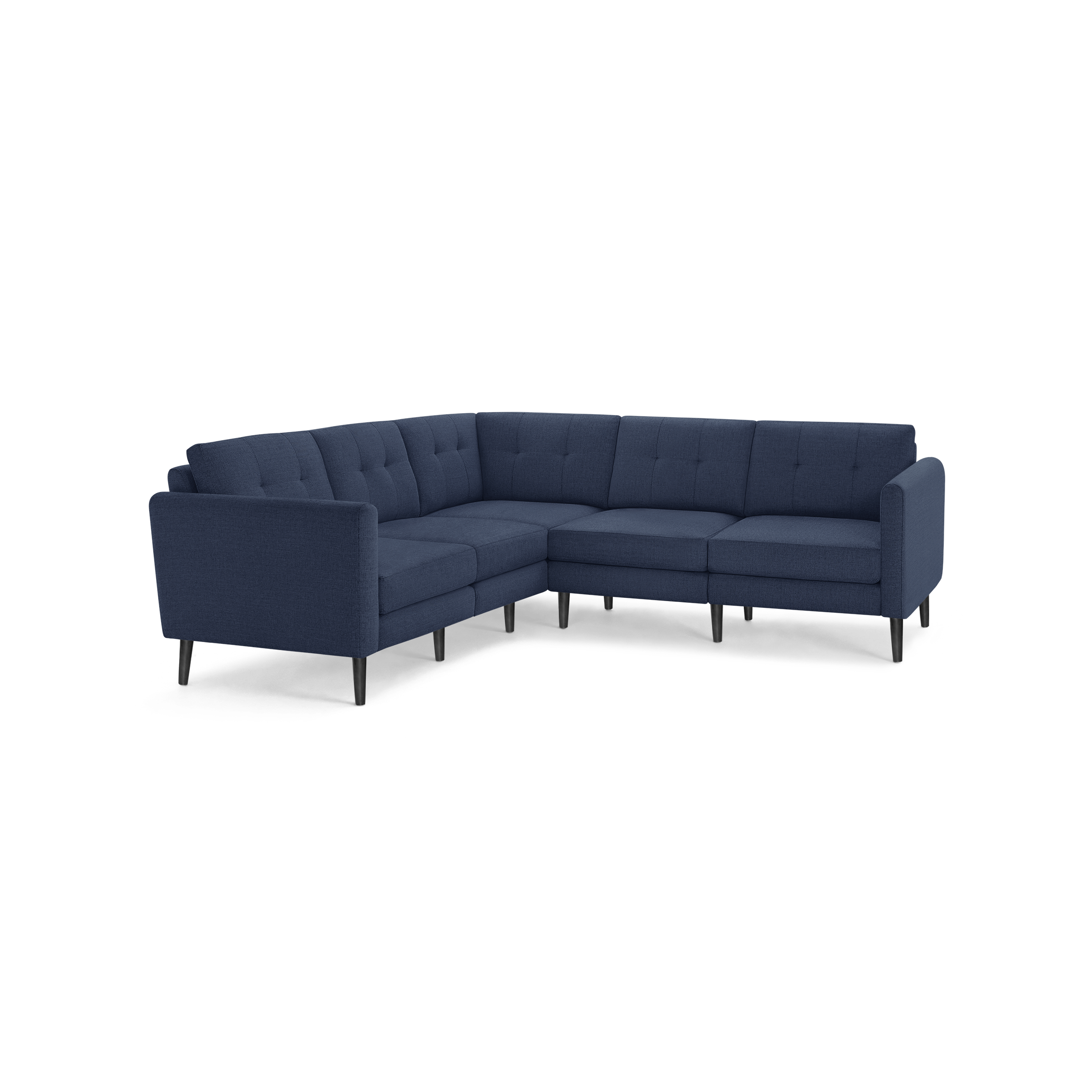Modern navy blue fabric sectional sofa with tufted back cushions and black tapered legs, designed for corner seating.