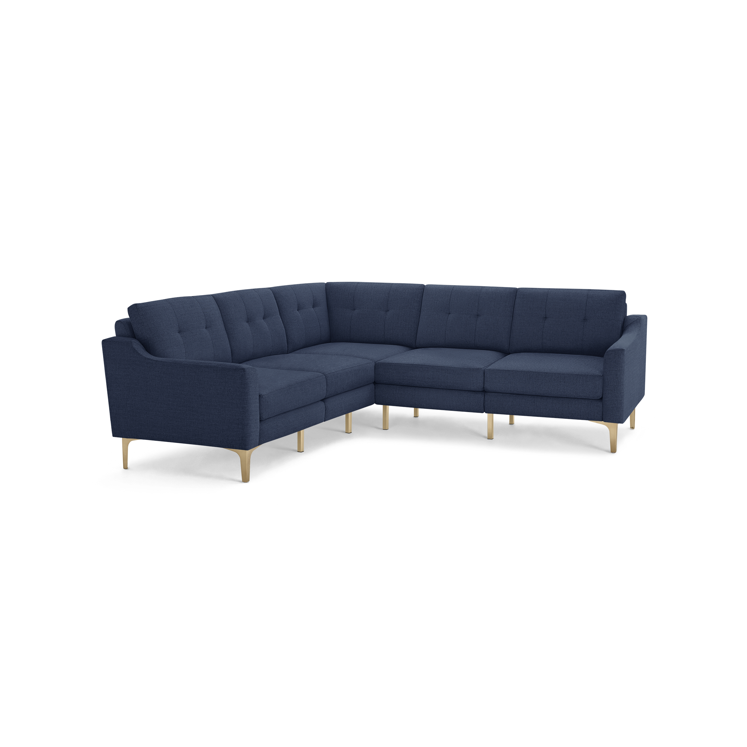 Modern navy blue fabric L-shaped sectional sofa with tufted back cushions and light wooden legs.