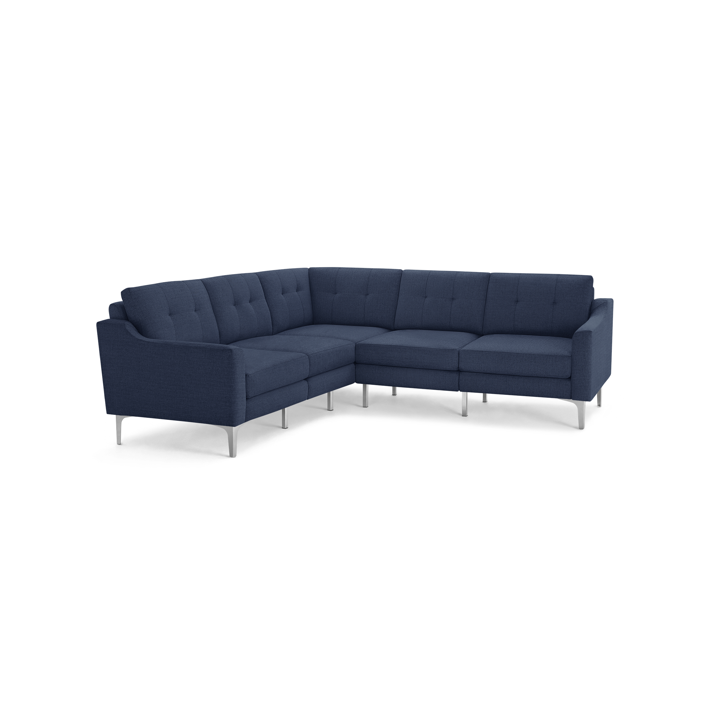 Modern navy blue fabric sectional sofa with tufted back cushions and sleek metal legs, designed for spacious corner seating.