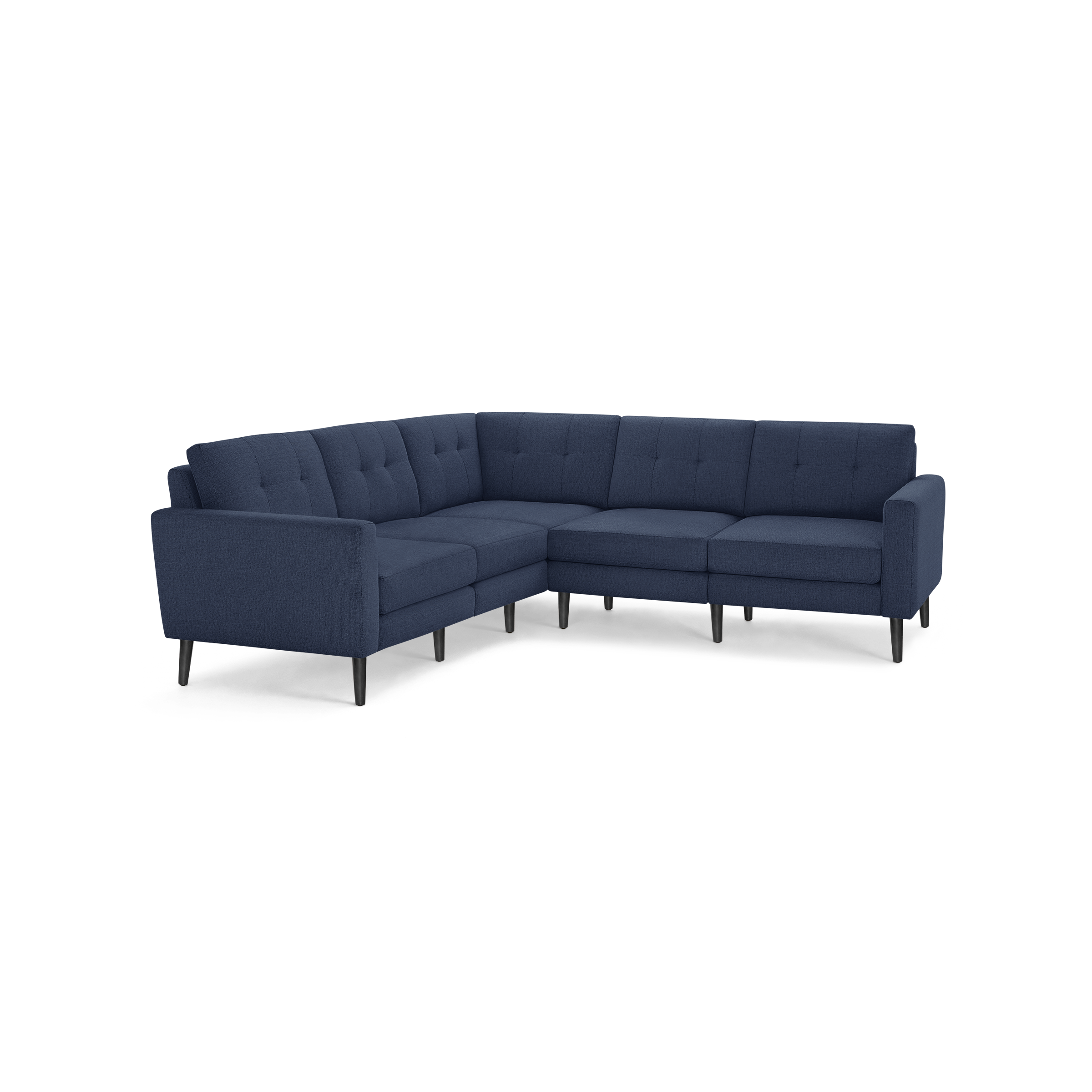 Navy blue fabric L-shaped sectional sofa with tufted back cushions and black tapered wooden legs.