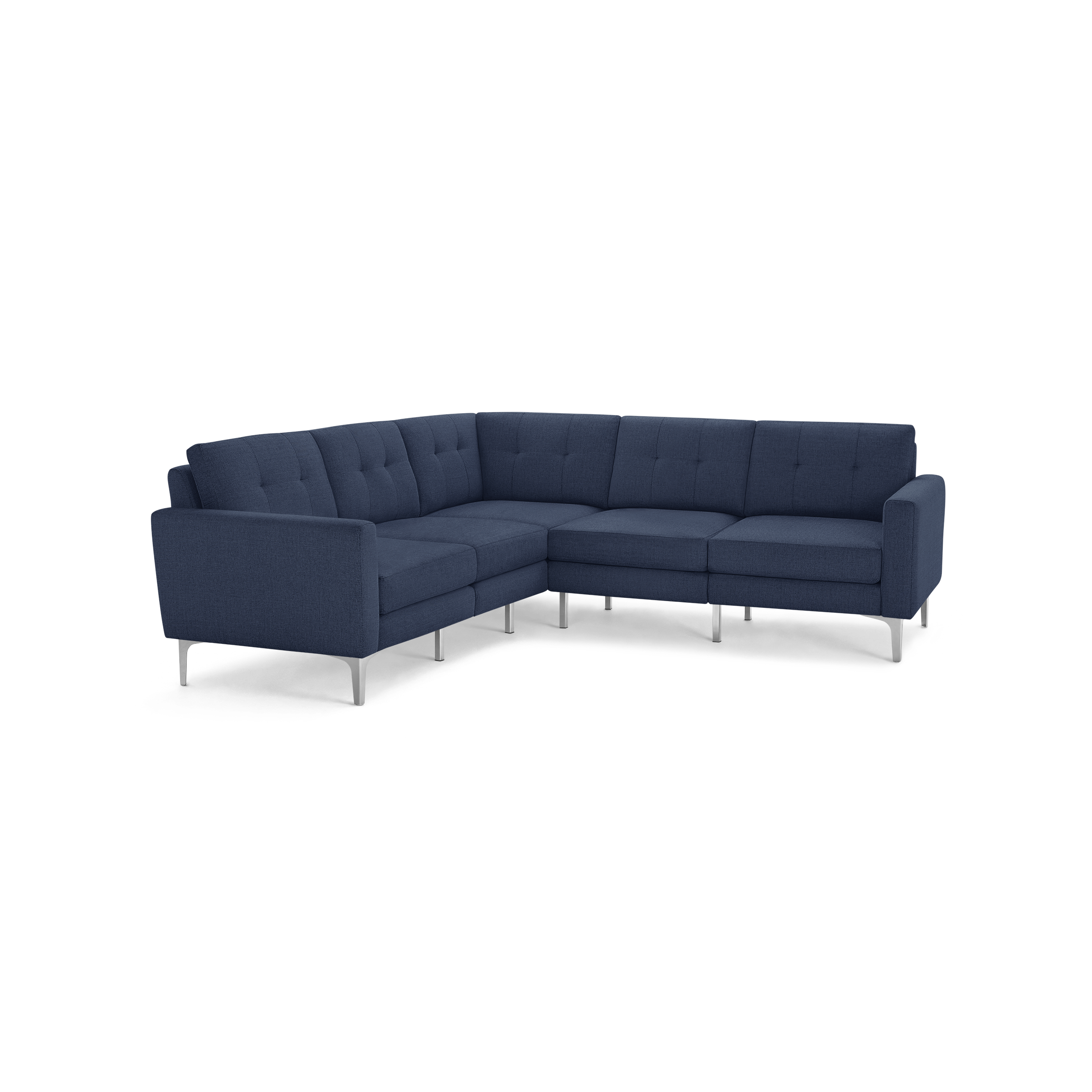 Modern L-shaped sectional sofa in dark blue fabric with tufted cushions and silver metal legs, designed for corner seating.