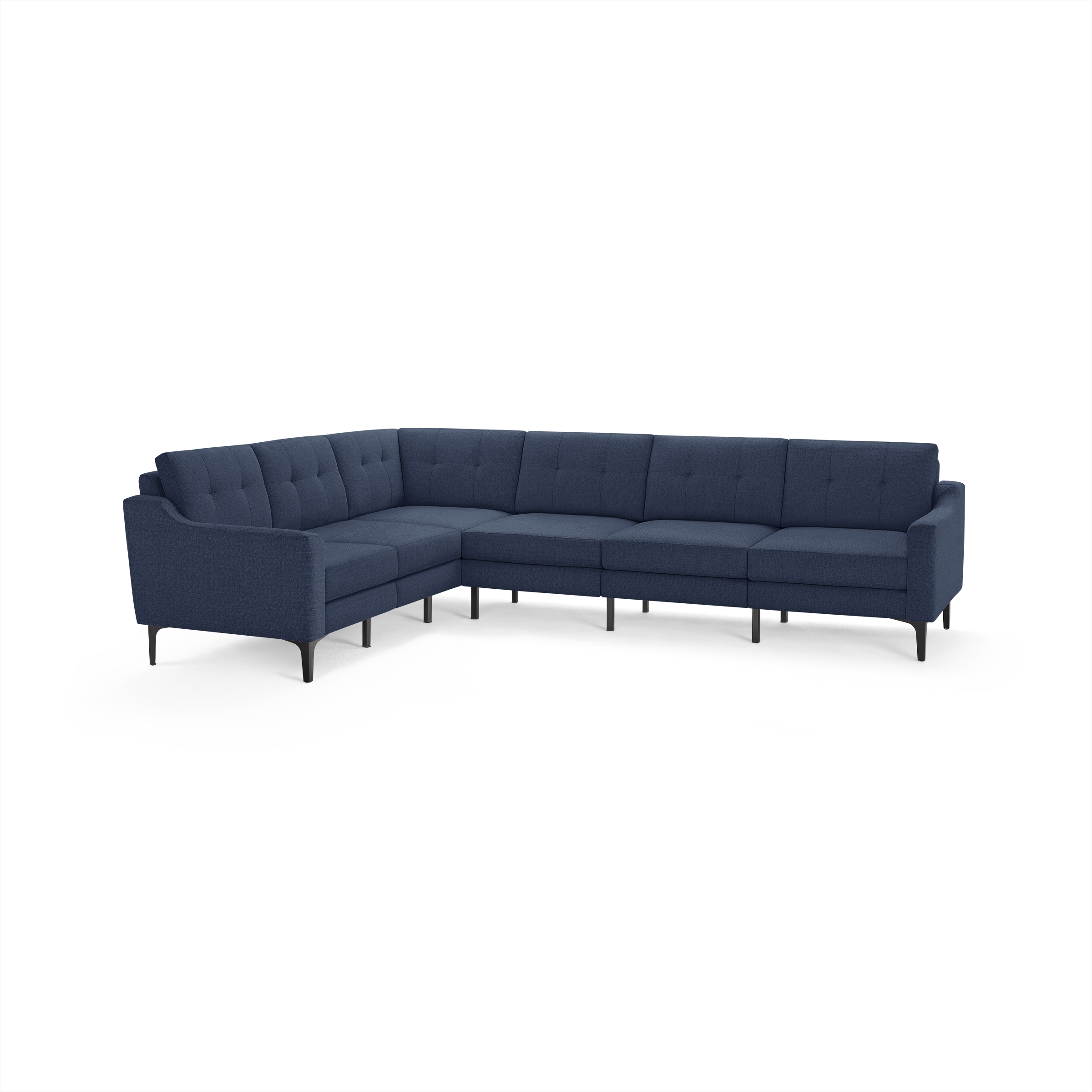 Modern navy blue fabric sectional sofa with tufted backrest cushions, slim armrests, and black metal legs.