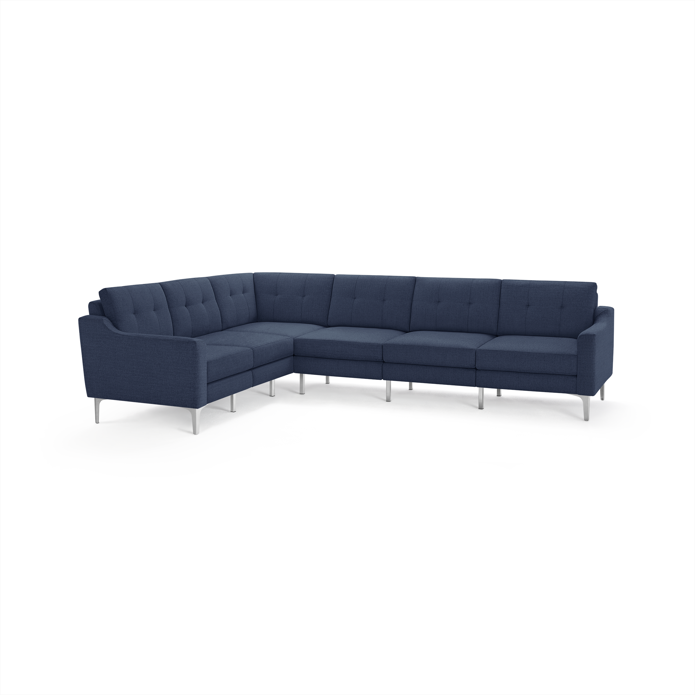 Modern L-shaped sectional sofa in navy blue fabric with tufted back cushions and slim silver metal legs.