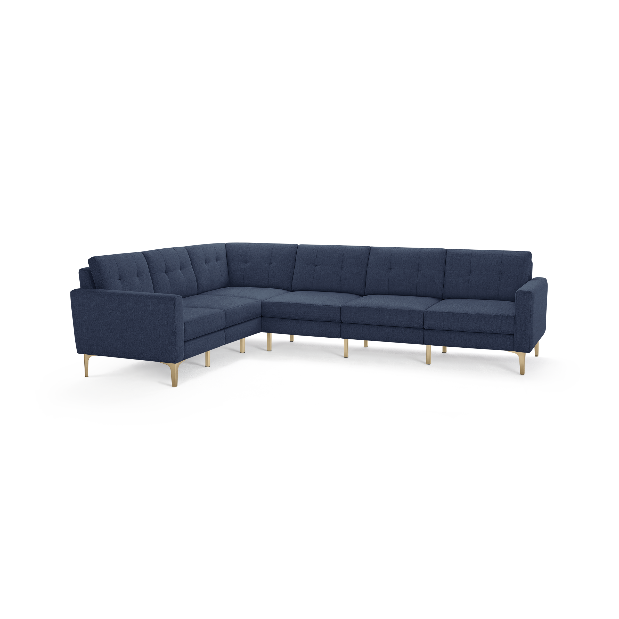 Modern navy blue L-shaped sectional sofa with tufted back cushions and light wooden tapered legs, designed for spacious seating and comfort.