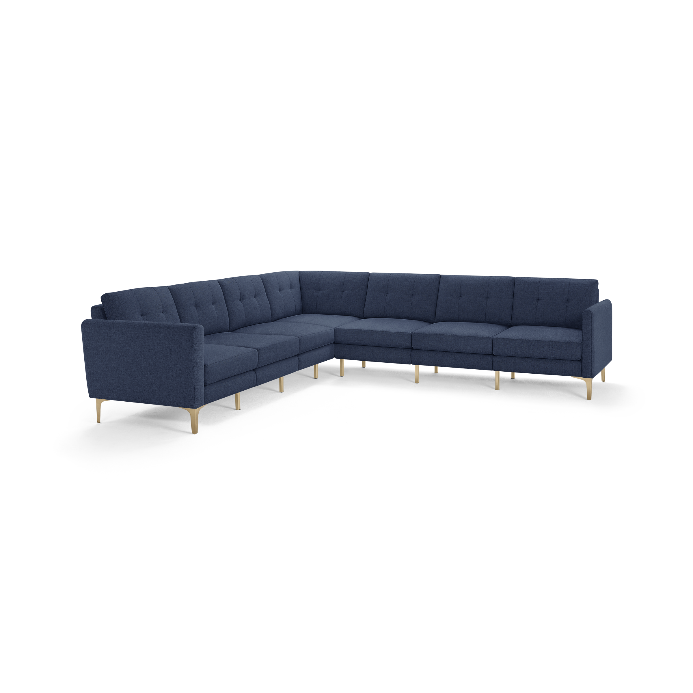 L-shaped modern sectional sofa with navy blue fabric upholstery, tufted cushions, and light wooden legs.