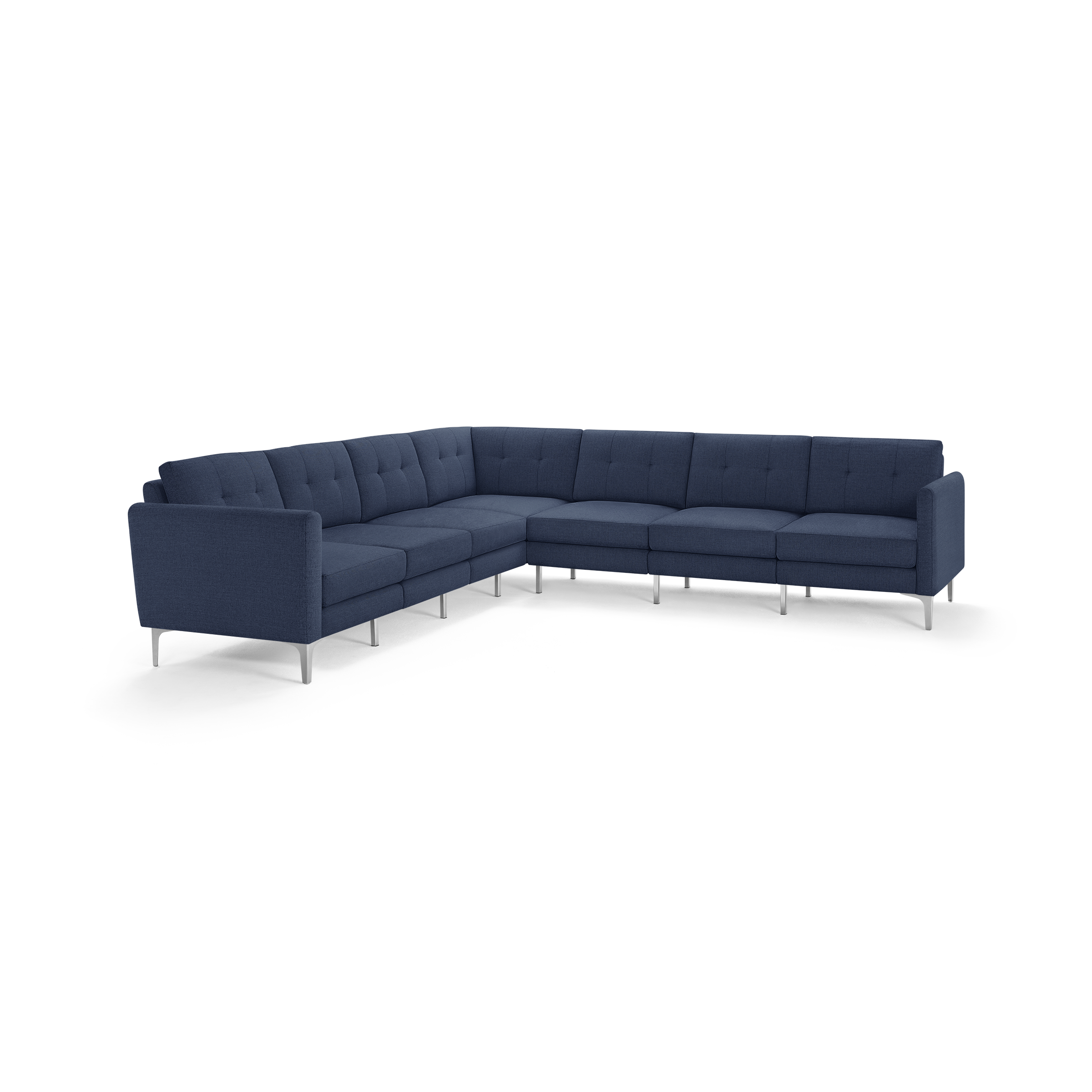 Modern navy blue L-shaped sectional sofa with tufted cushions and slim metal legs, offering stylish and spacious seating.