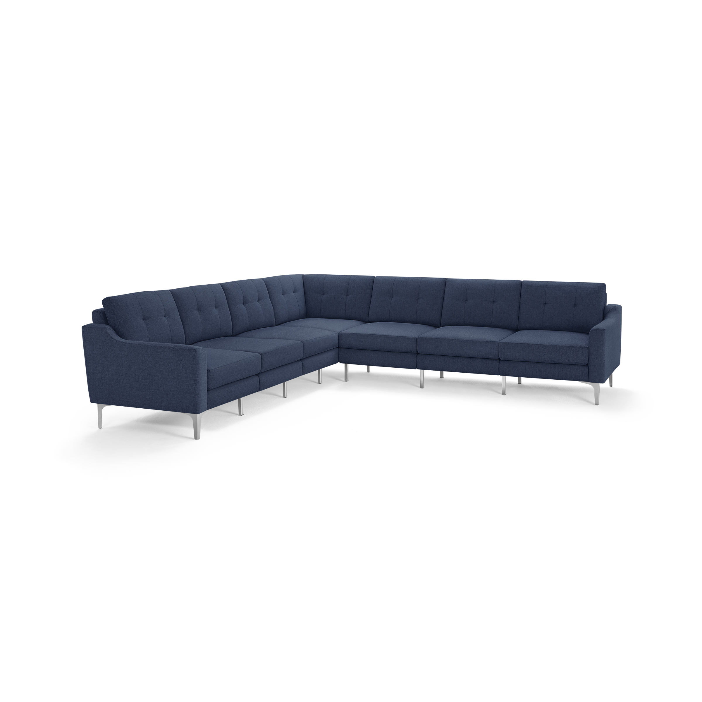 Modern L-shaped sectional sofa in deep navy blue fabric with tufted back cushions and sleek metal legs.