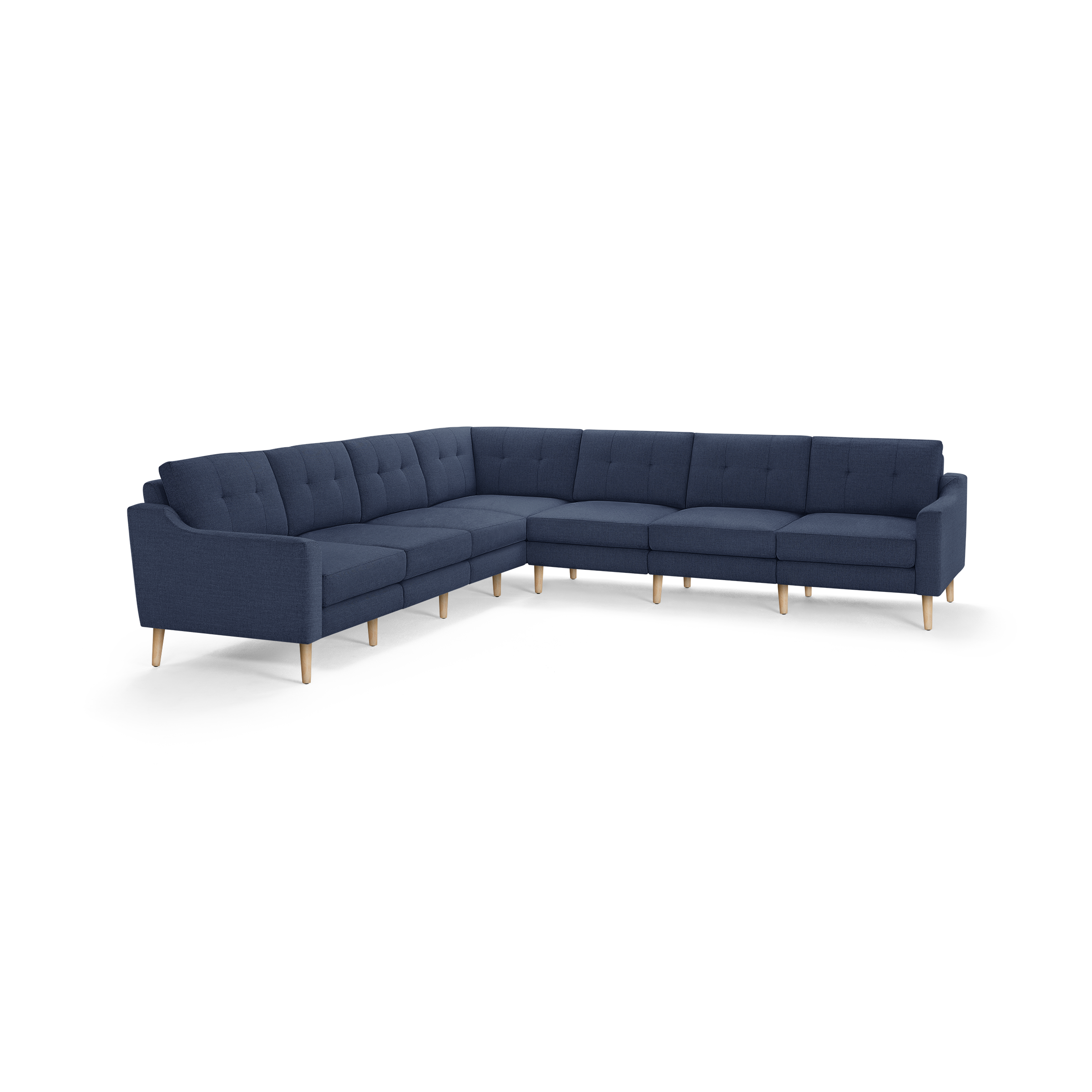 L-shaped sectional sofa with navy blue tufted fabric upholstery and light wooden legs, featuring cushioned seats and backrests.