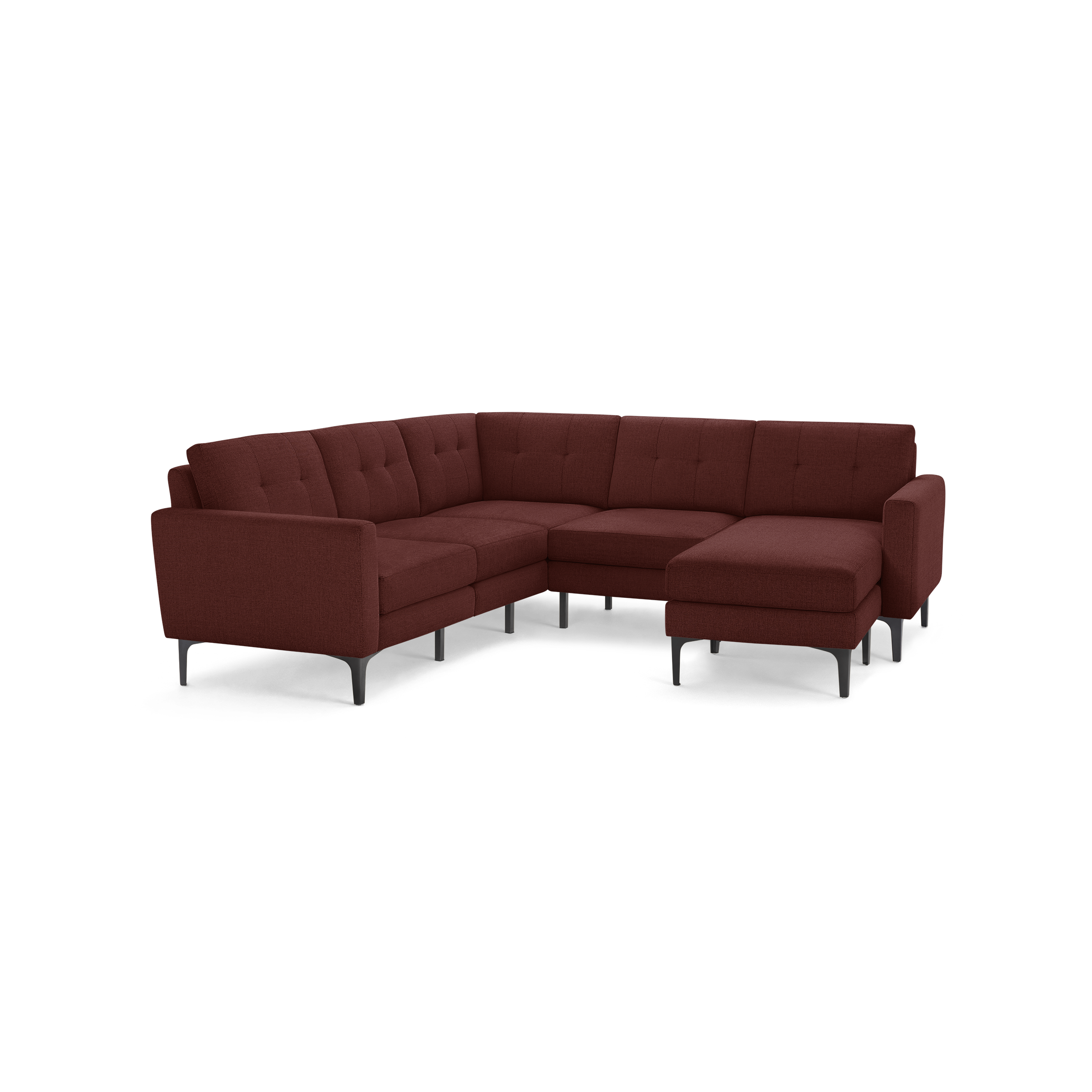 Modern L-shaped sectional sofa in deep red fabric with tufted cushions, slim metal legs, and a right-side chaise lounge.