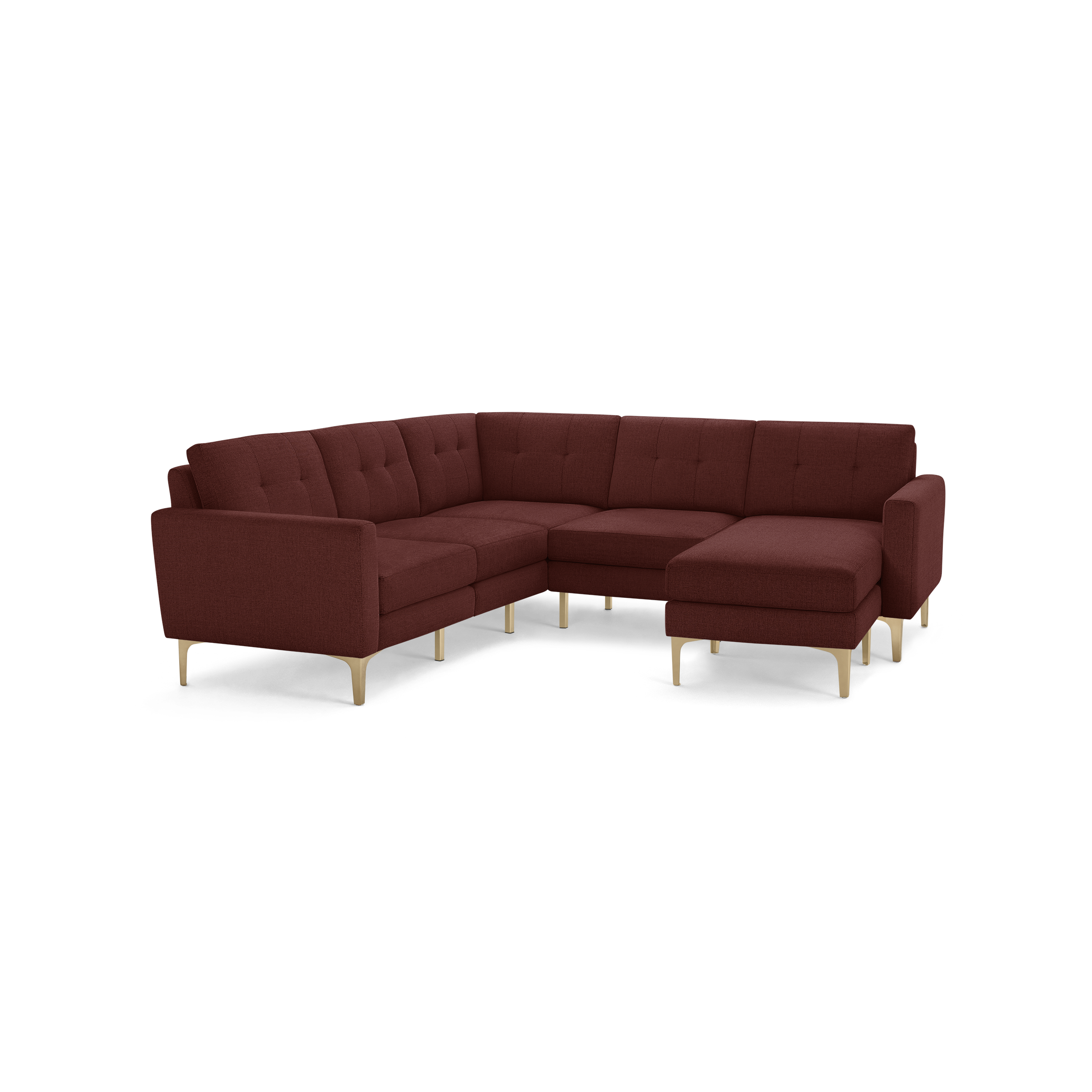 Modern L-shaped sectional sofa in deep red fabric with tufted back cushions, straight armrests, and light wooden legs.