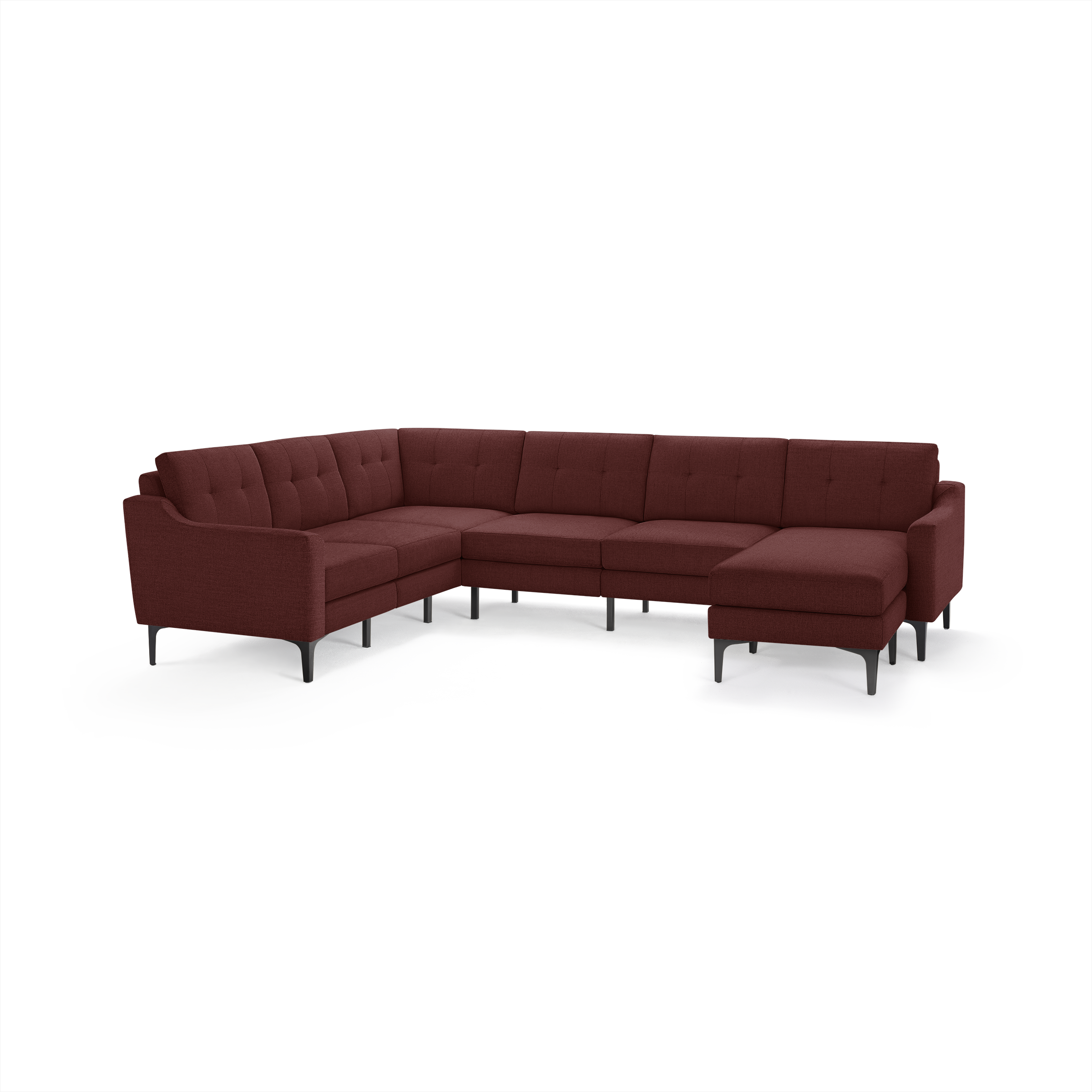 Modern large L-shaped sectional sofa in deep burgundy fabric with tufted backrest and black metal legs.