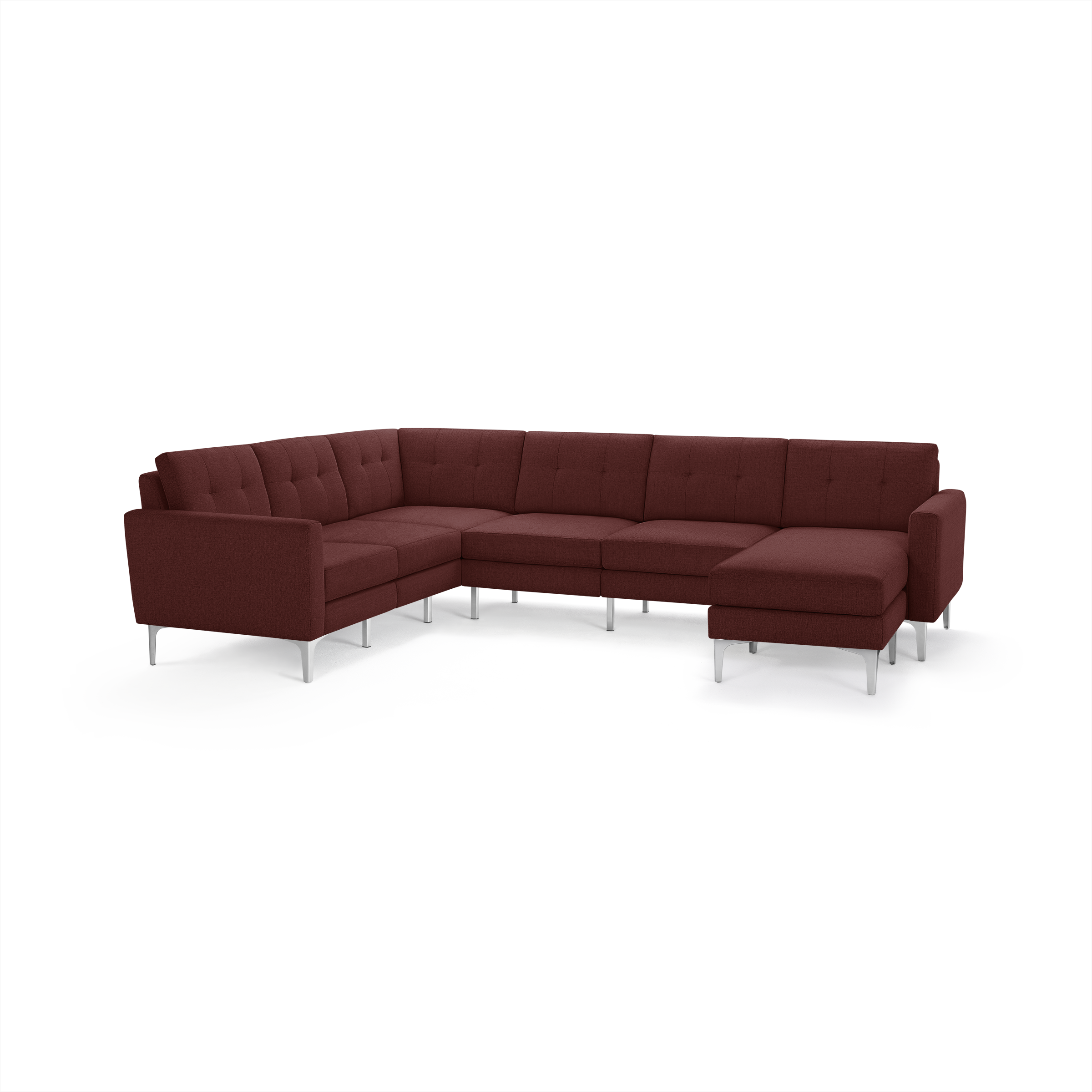 Modern L-shaped sectional sofa in deep red fabric with tufted cushions and sleek silver metal legs.