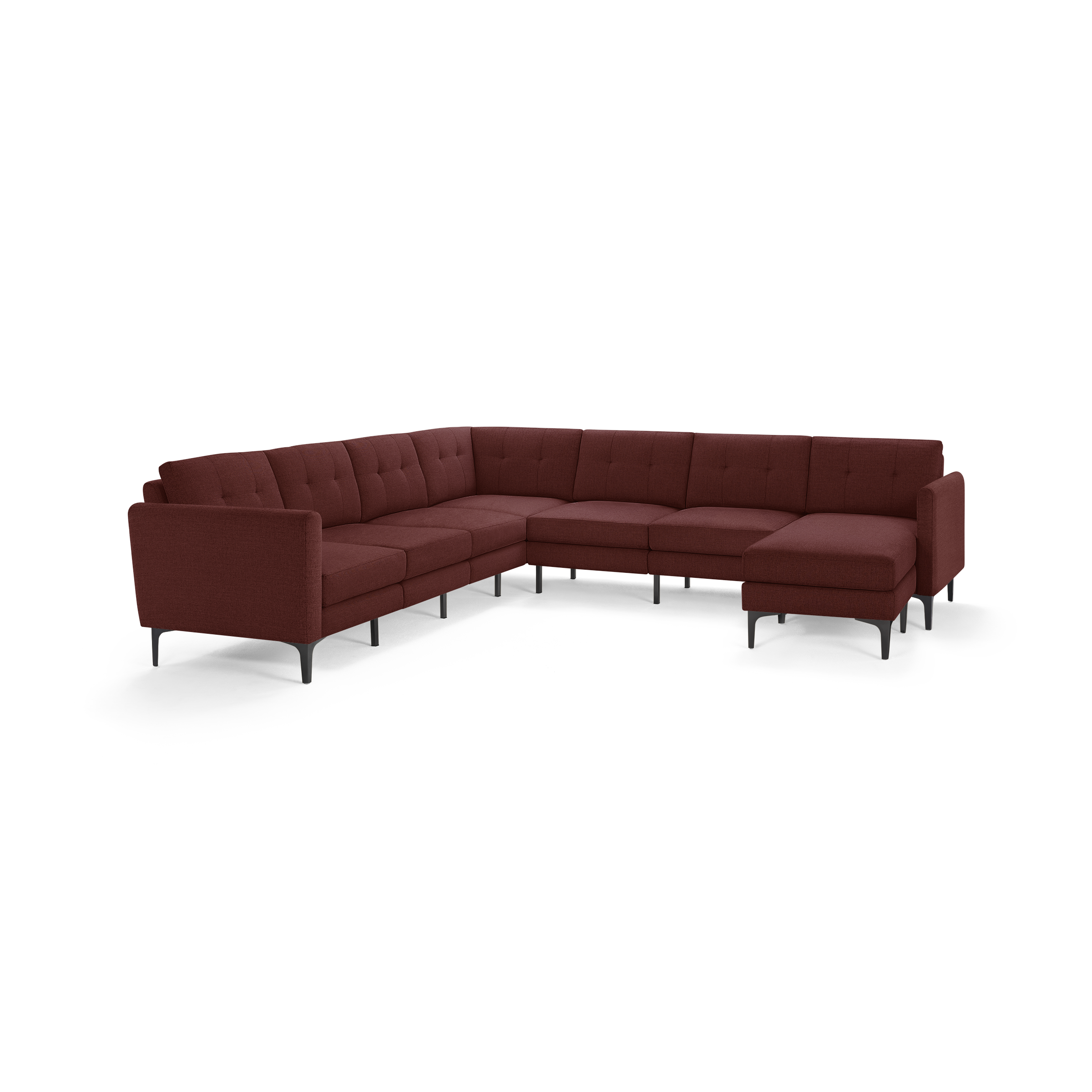 Modern L-shaped sectional sofa upholstered in deep red fabric with tufted cushions and black metal legs, offering ample seating and comfort.