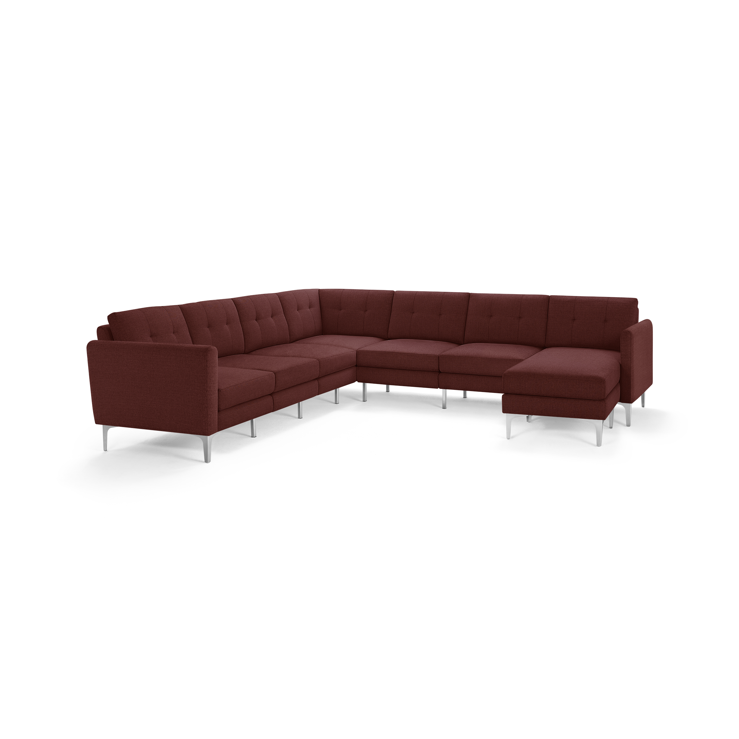 Modern L-shaped sectional sofa in deep red fabric with tufted back cushions and silver metal legs, spacious and stylish for living rooms.