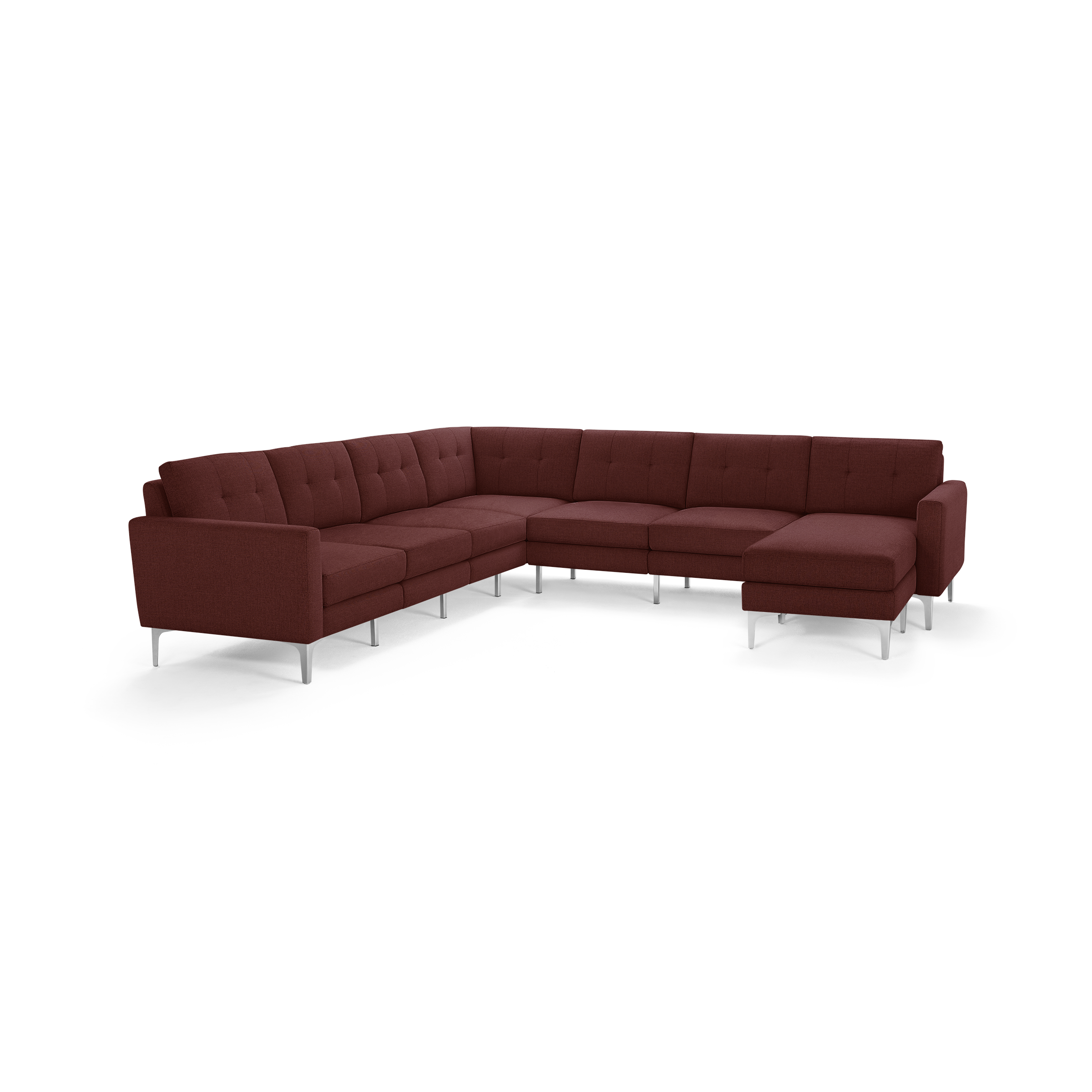 Modern L-shaped sectional sofa upholstered in deep red fabric with tufted cushions and sleek metal legs.