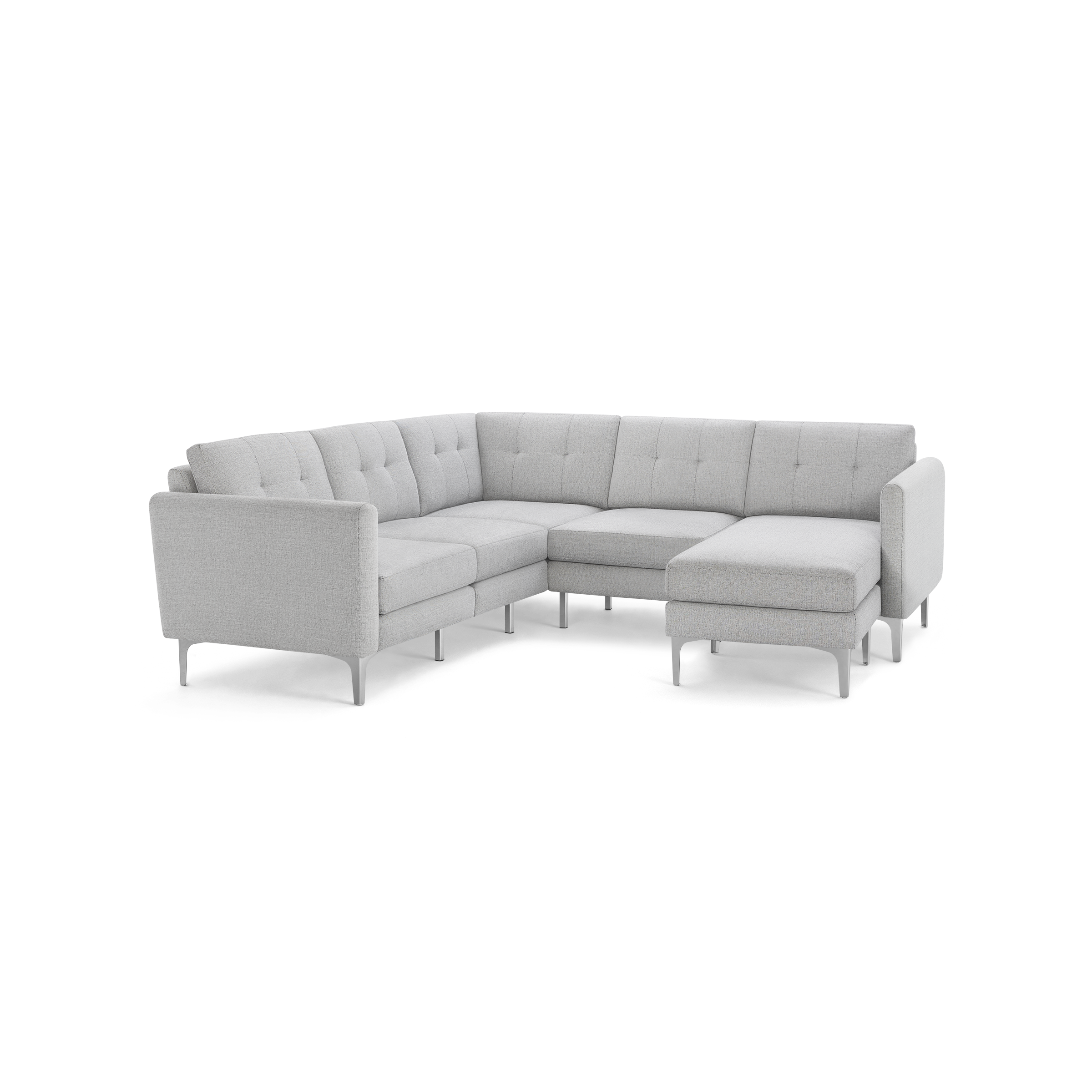 Modern light gray fabric L-shaped sectional sofa with tufted back cushions and metal legs, designed for corner seating.