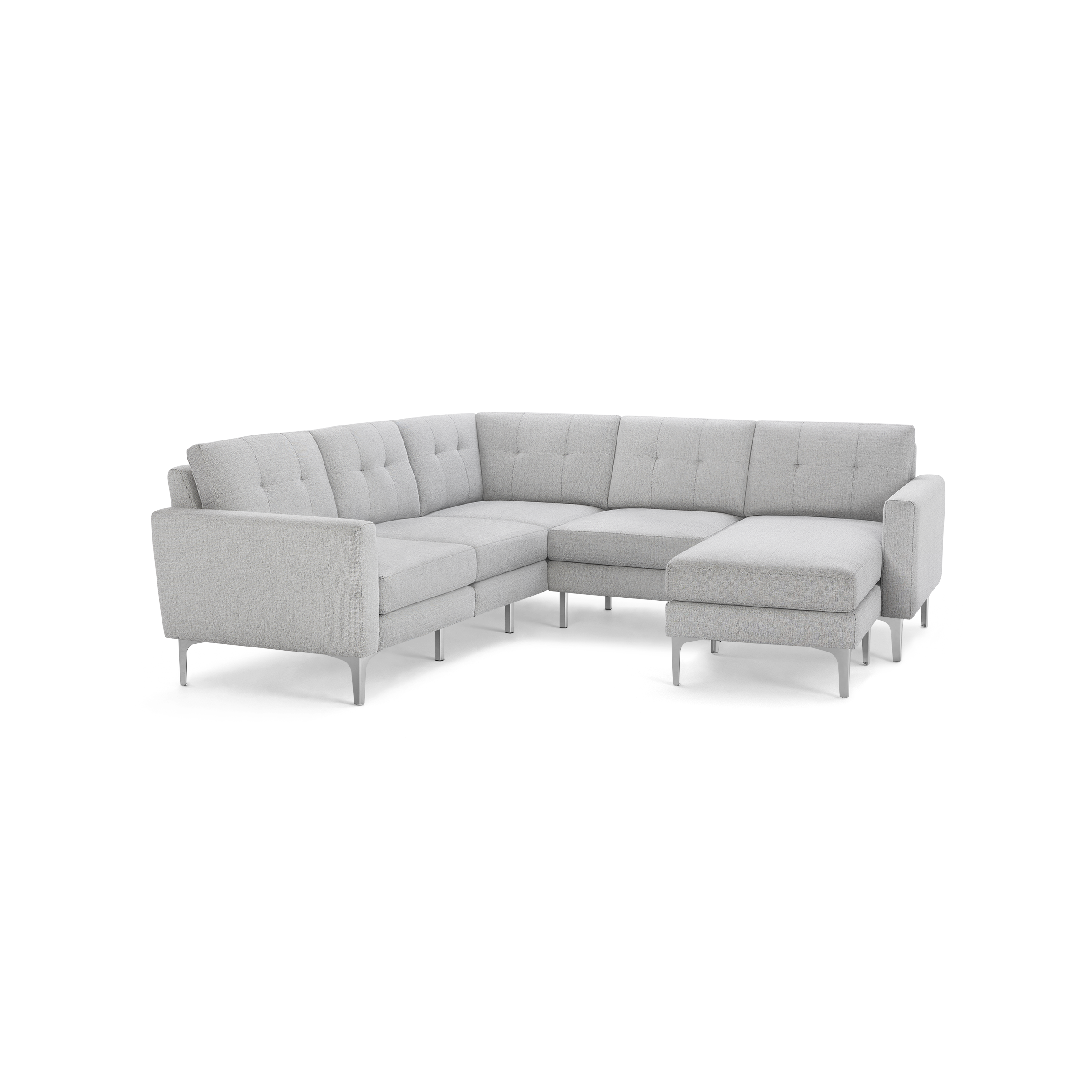 Modern light gray fabric sectional sofa with tufted back cushions and metal legs, featuring an L-shaped design and chaise lounge.