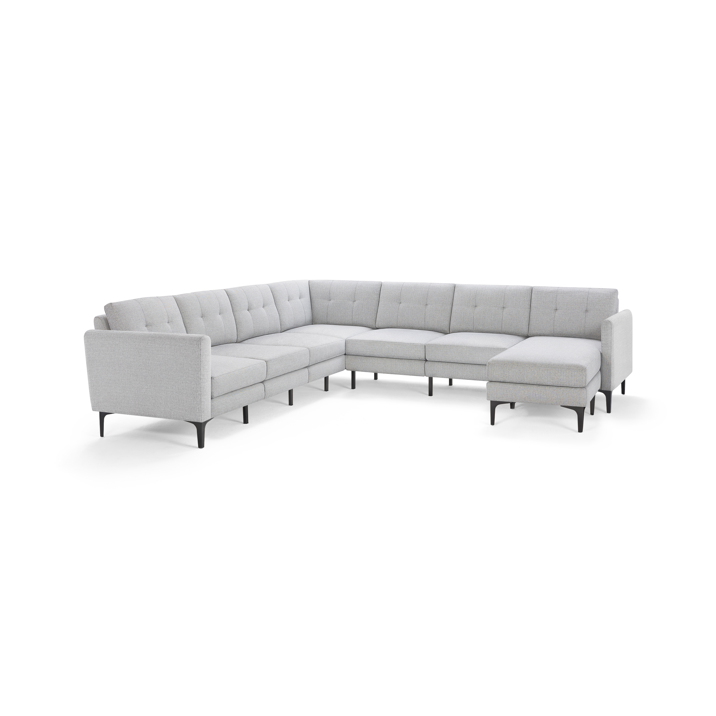Light gray fabric L-shaped sectional sofa with tufted back cushions and slim black legs, modern design.