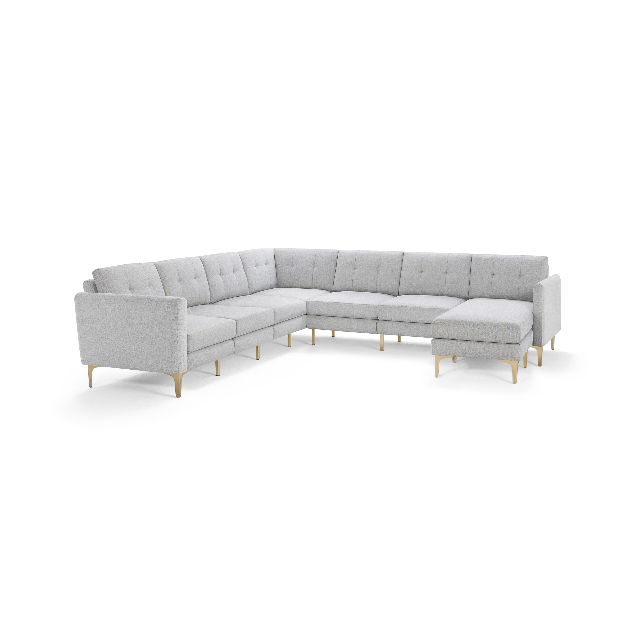 Light gray L-shaped sectional sofa with tufted back cushions and light wooden legs, modern and spacious seating for living rooms.