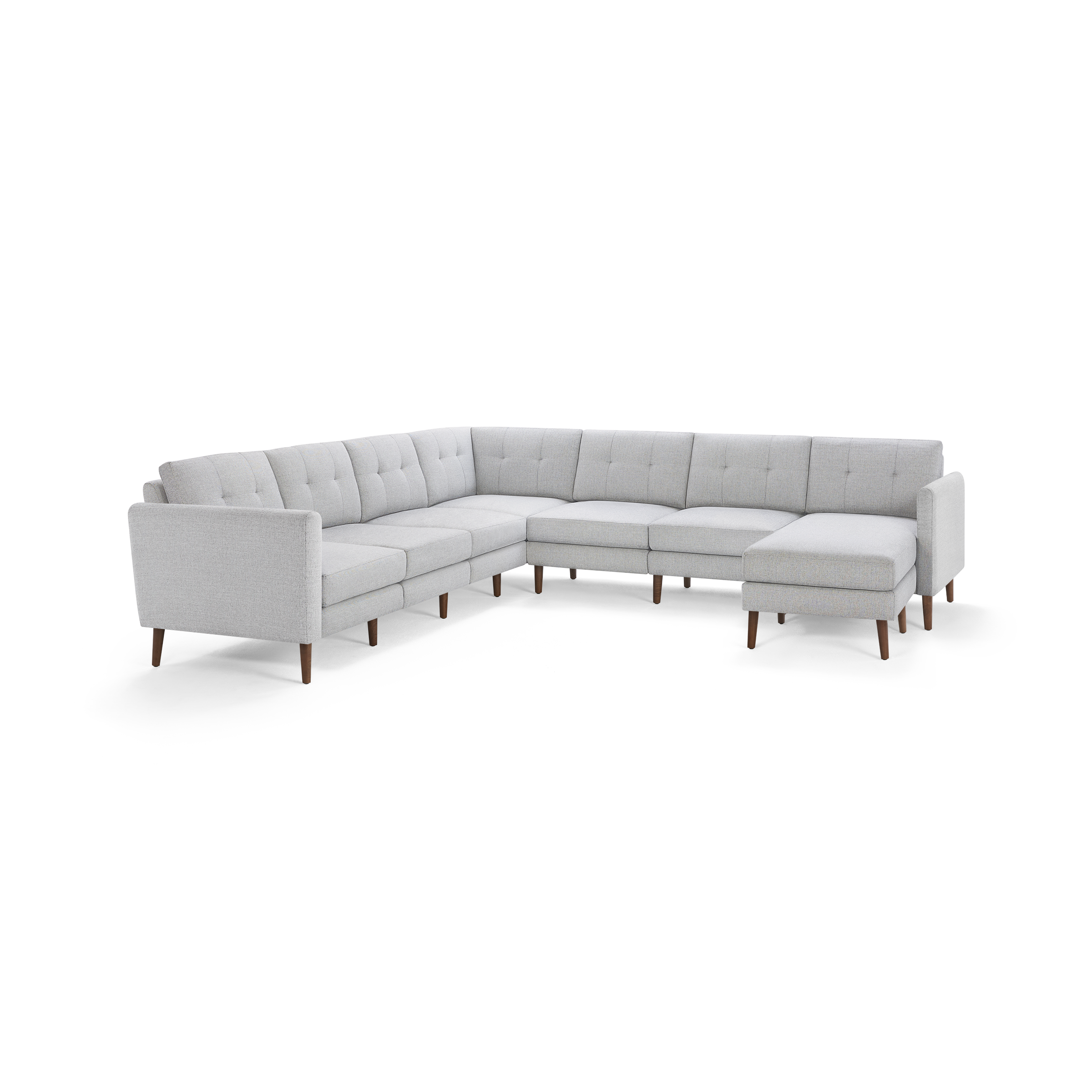 Light gray L-shaped sectional sofa with tufted cushions and wooden legs, featuring a right-side chaise lounge.