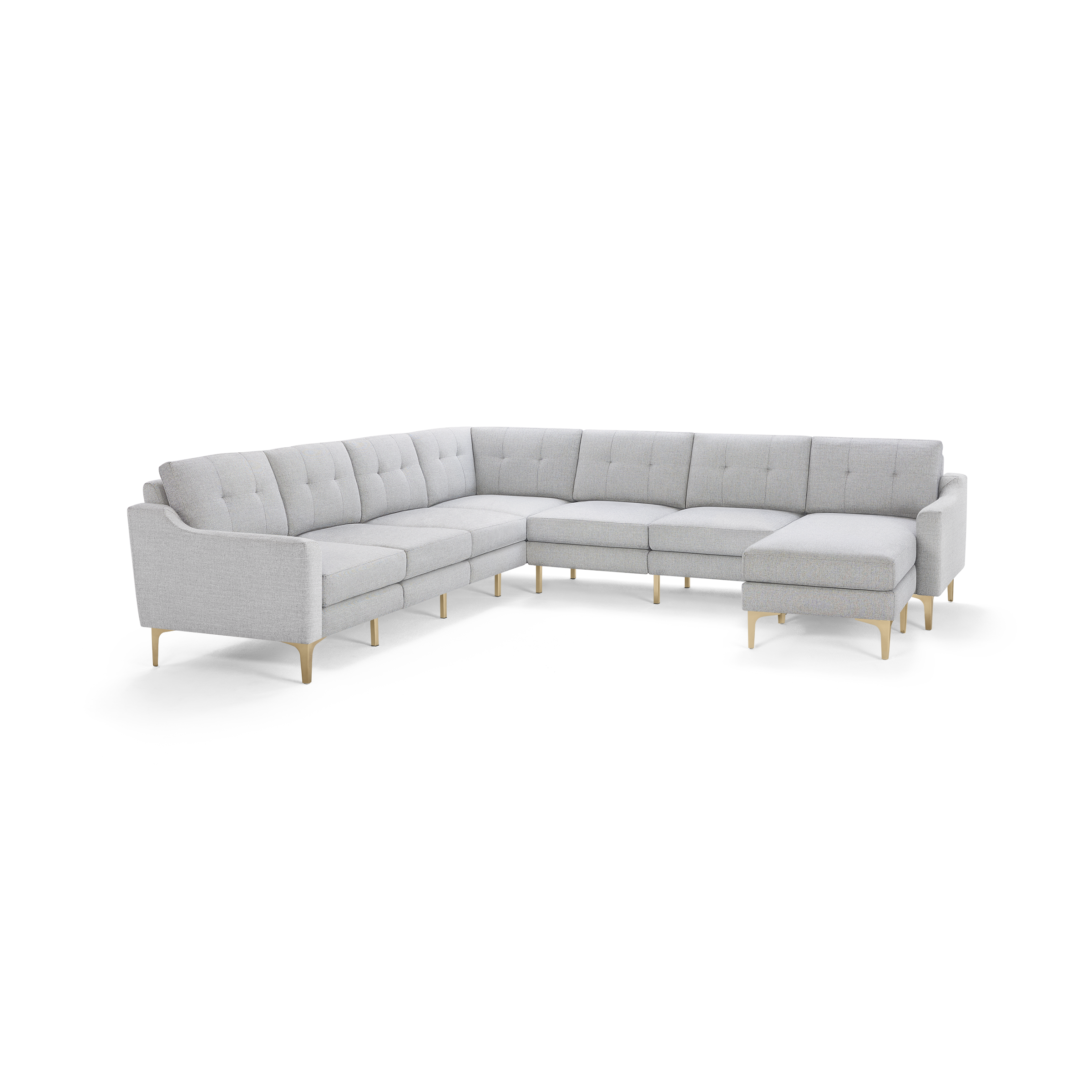 Light gray L-shaped sectional sofa with tufted cushions and wooden legs, featuring a right-side chaise lounge.
