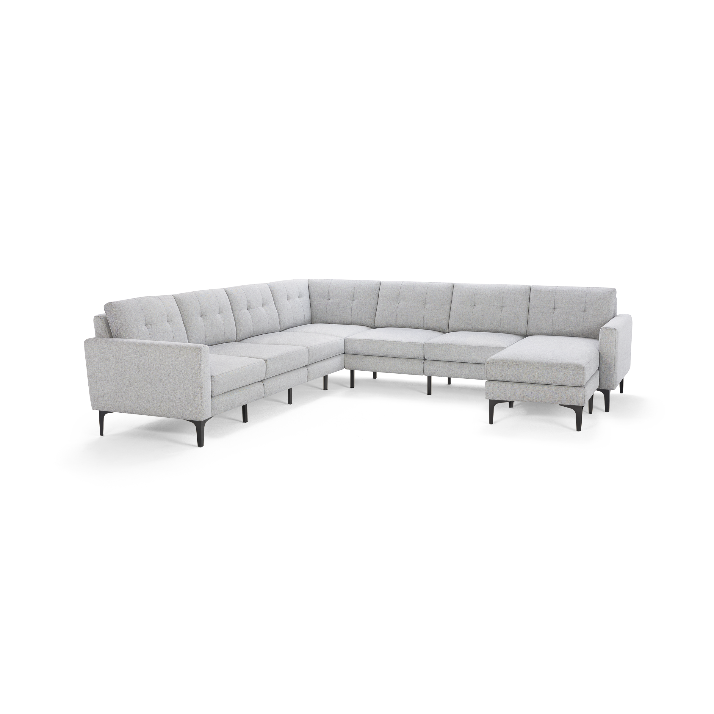 Light gray fabric sectional sofa with tufted cushions and slim black metal legs, featuring a modern L-shaped design.