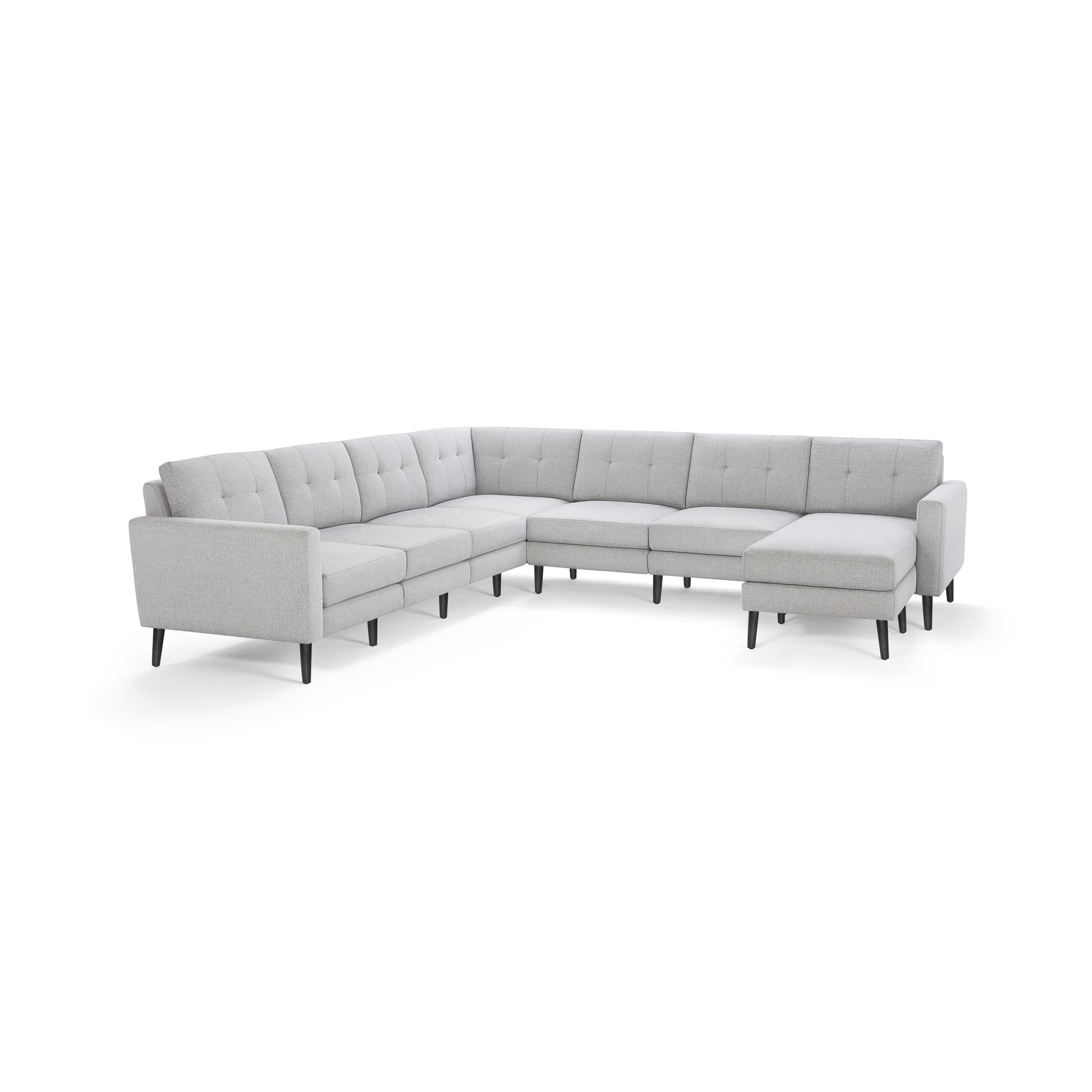 Modern light gray sectional sofa with tufted cushions, right-side chaise, and dark wooden legs, designed for spacious seating.