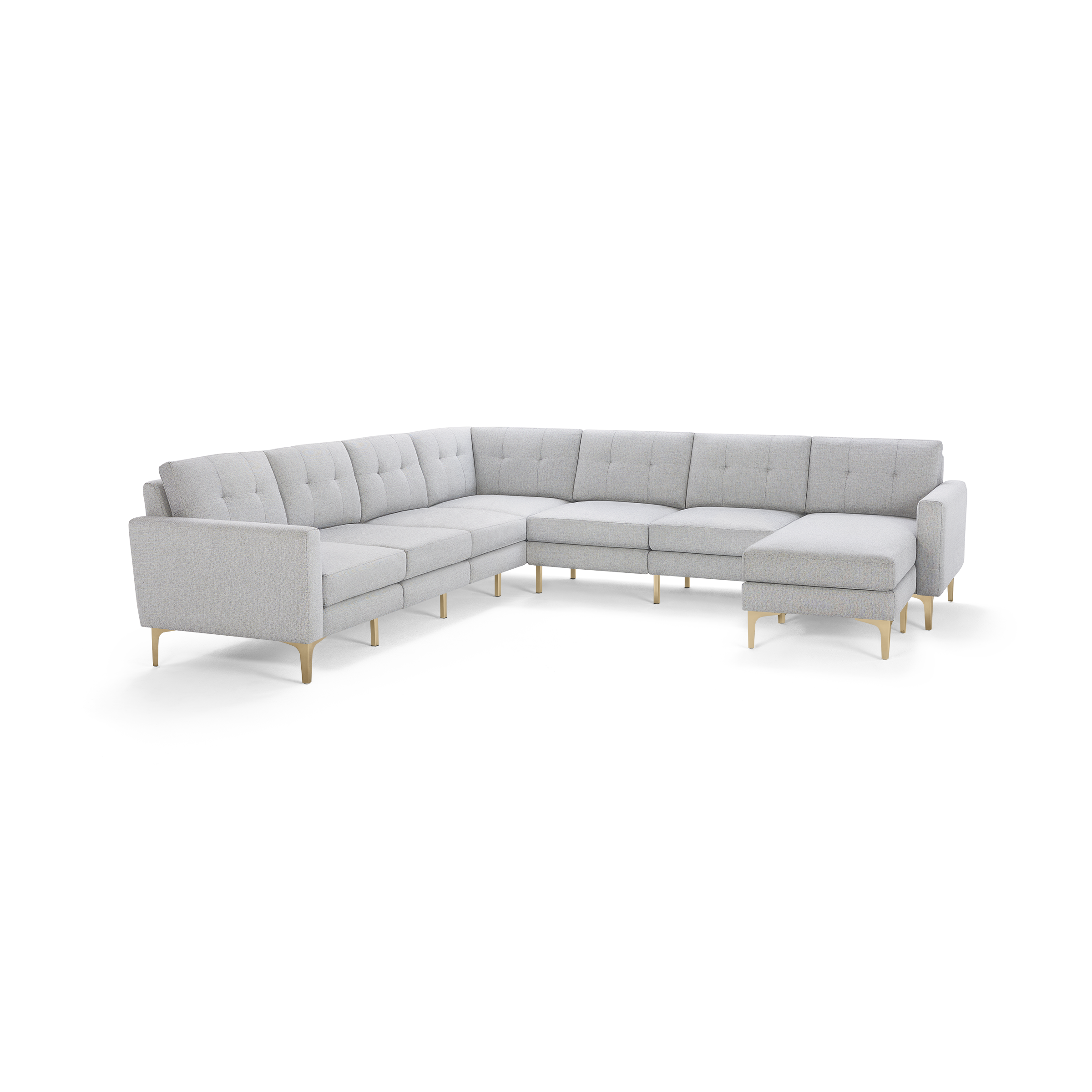 Modern light gray L-shaped sectional sofa with tufted back cushions and wooden legs on a white background.