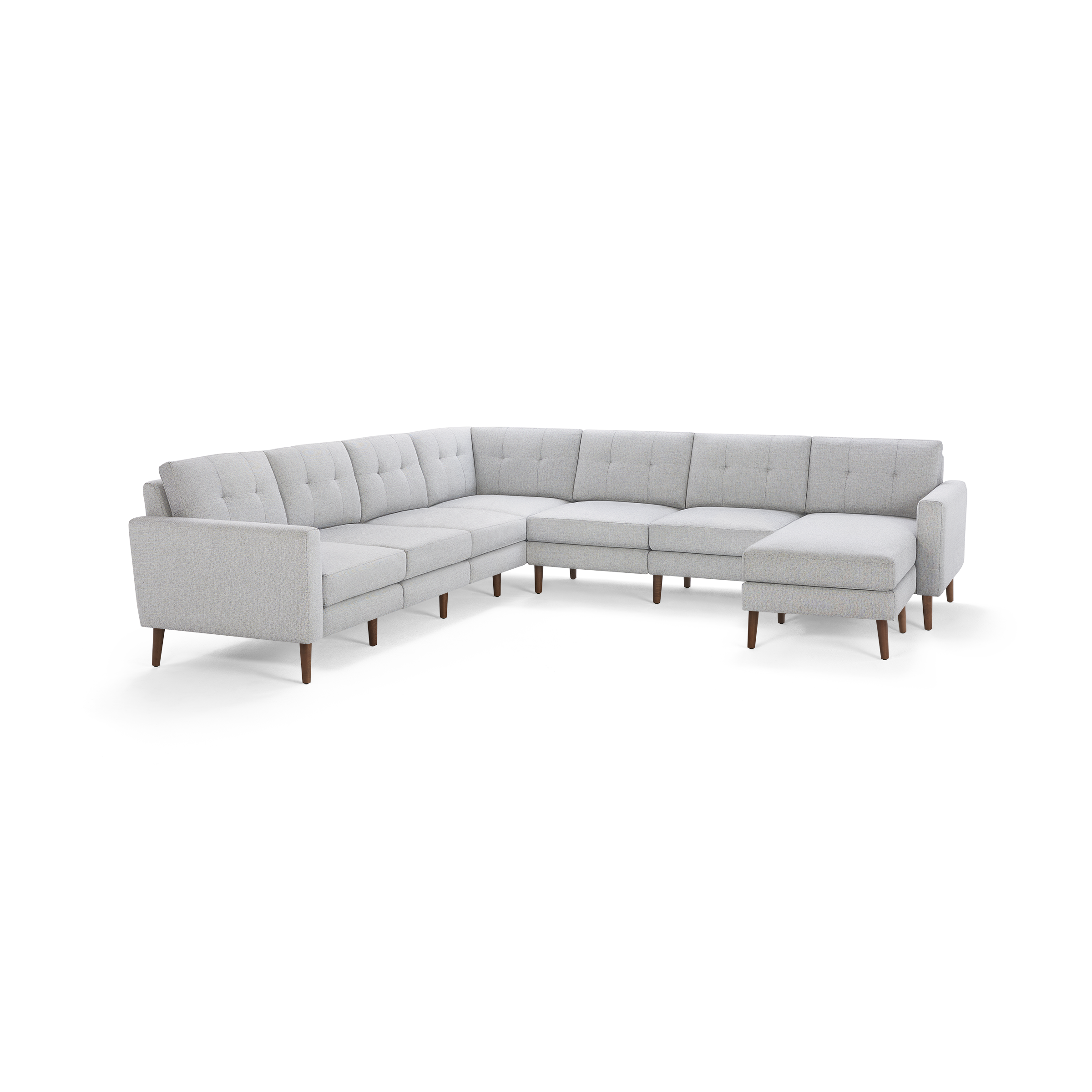 Light gray L-shaped sectional sofa with tufted back cushions, wooden legs, and a modern, minimalist design.
