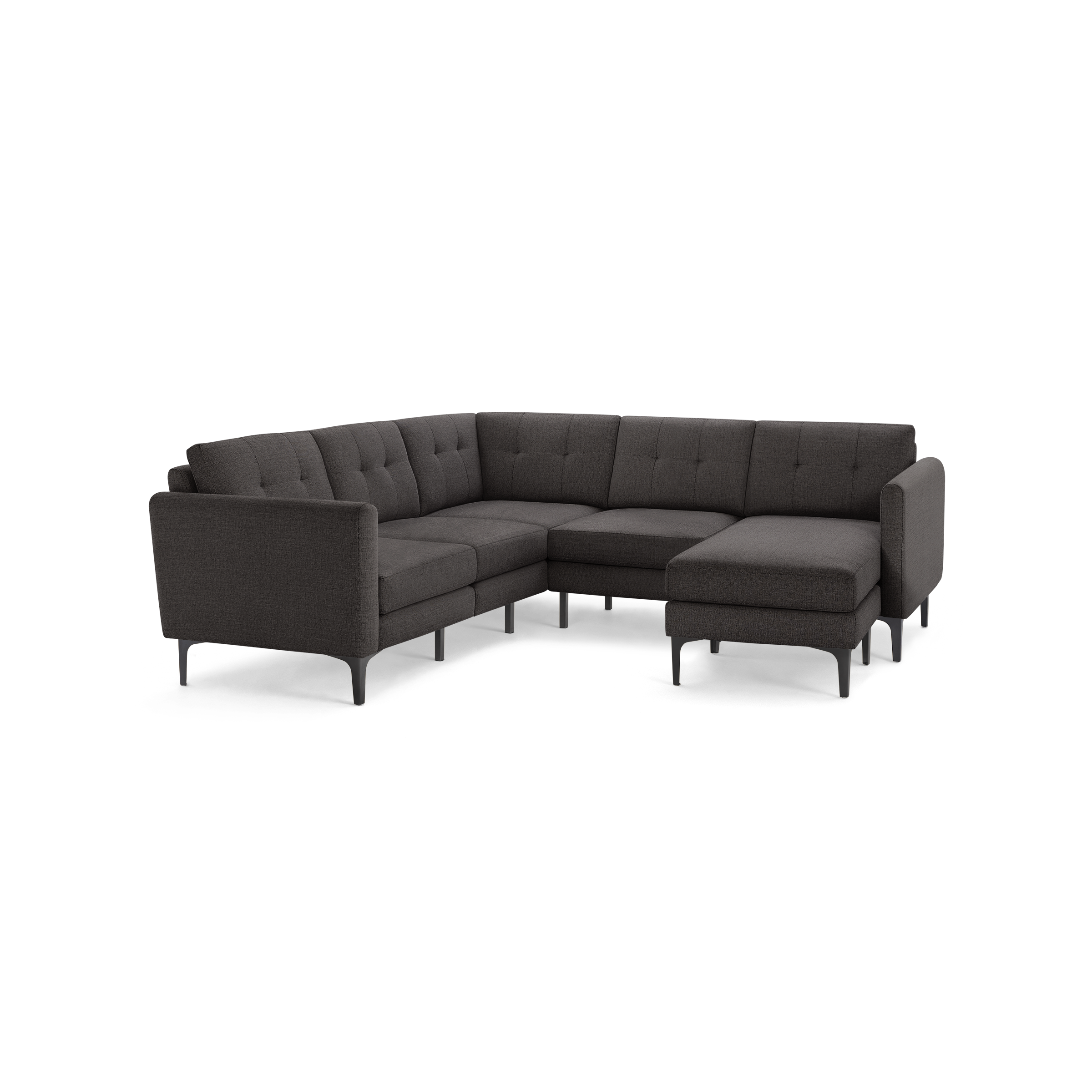 Dark gray L-shaped sectional sofa with tufted cushions, slim metal legs, and modern design suitable for living rooms.