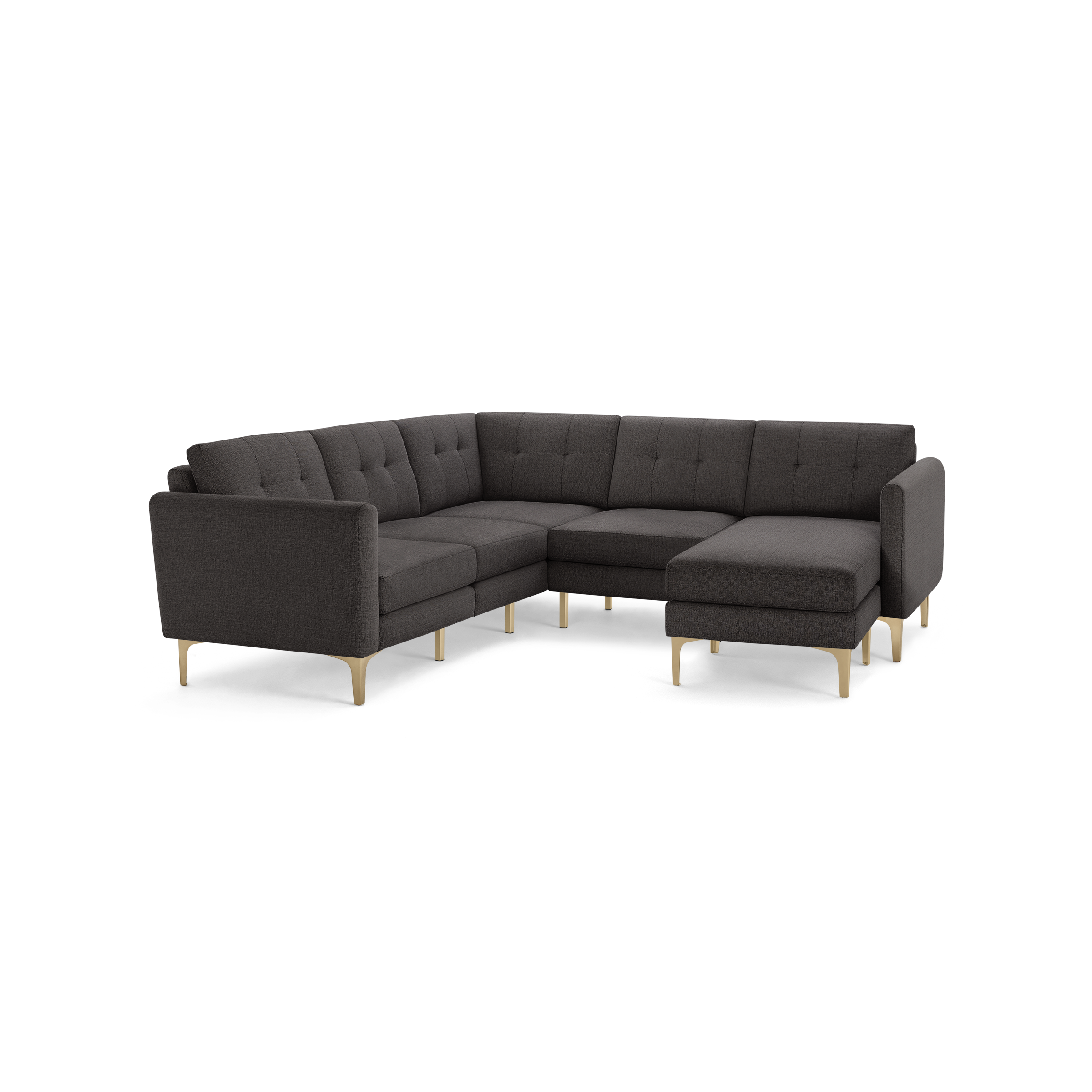 Dark gray L-shaped sectional sofa with tufted back cushions and gold metal legs, featuring a chaise lounge on the right side.