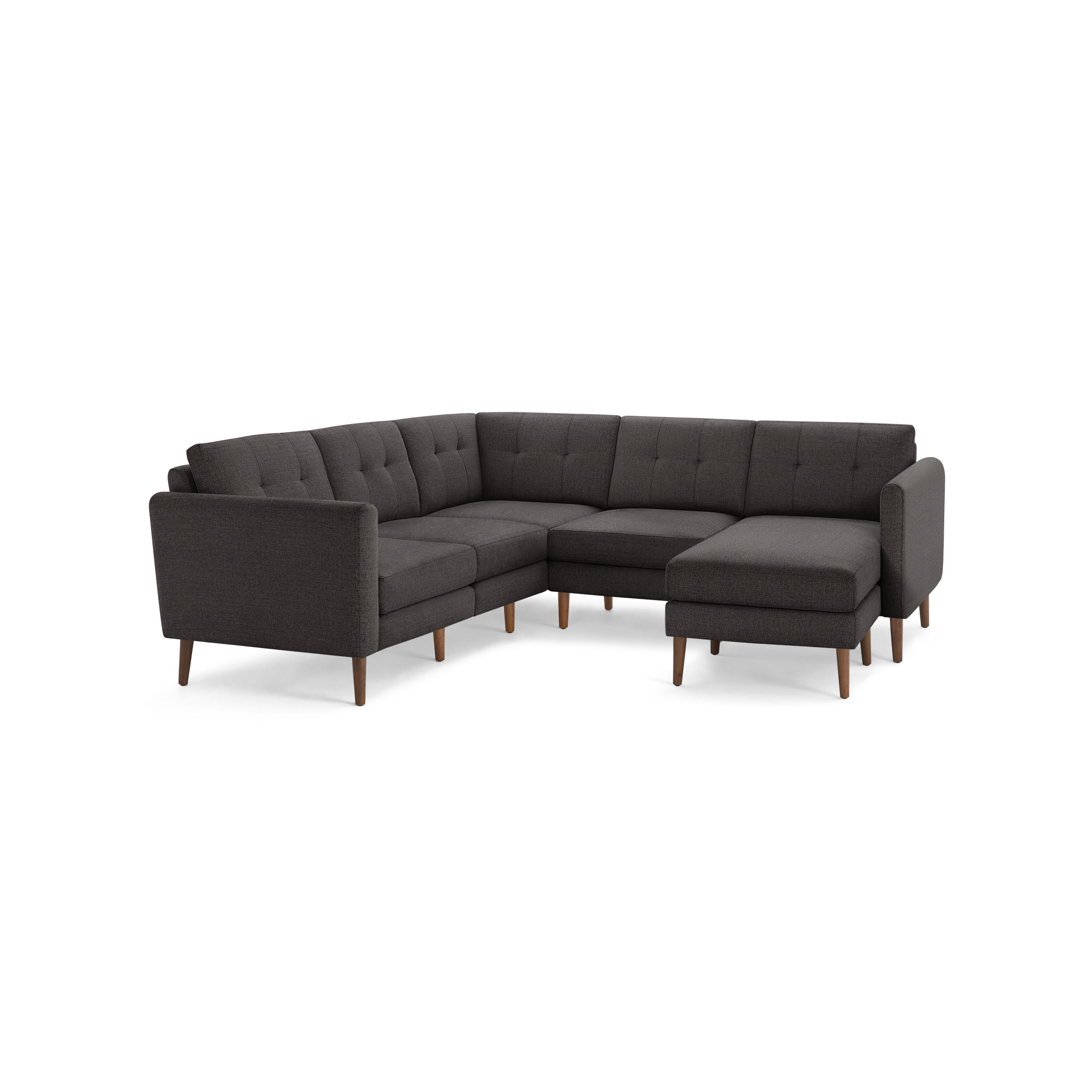 Dark gray upholstered L-shaped sectional sofa with tufted back cushions and wooden legs, designed for modern living spaces.