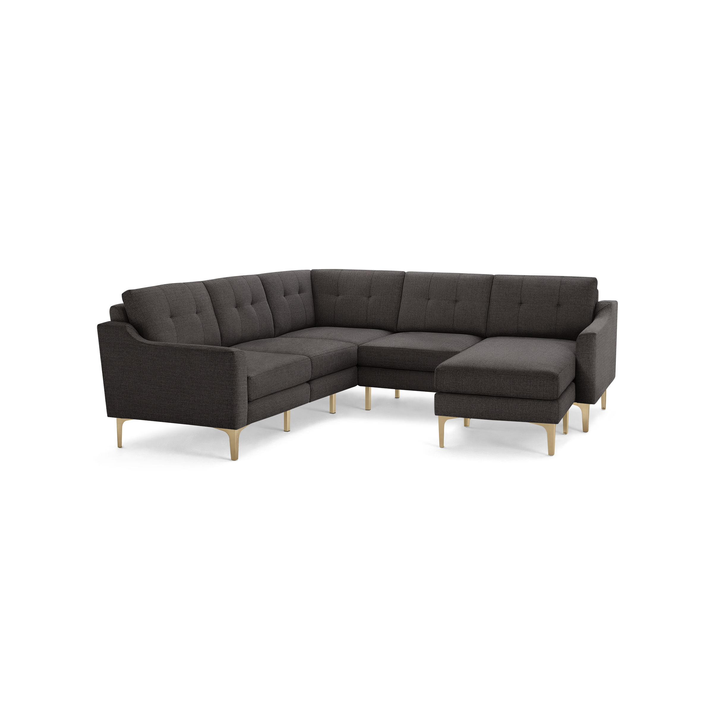 Dark gray fabric sectional sofa with tufted cushions, modern gold metal legs, and an L-shaped design featuring a chaise lounge.