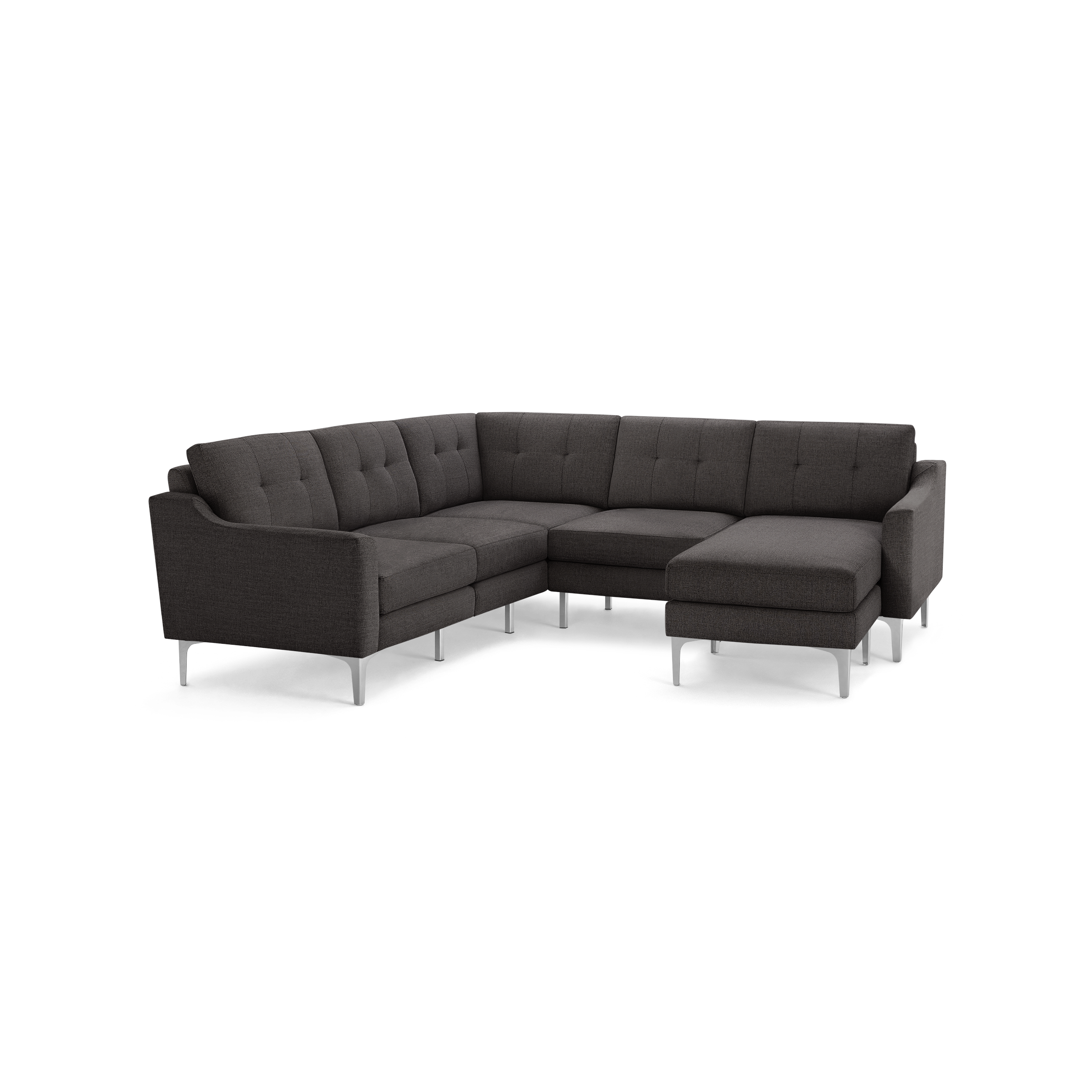 Modern dark gray fabric L-shaped sectional sofa with tufted back cushions and sleek metal legs.