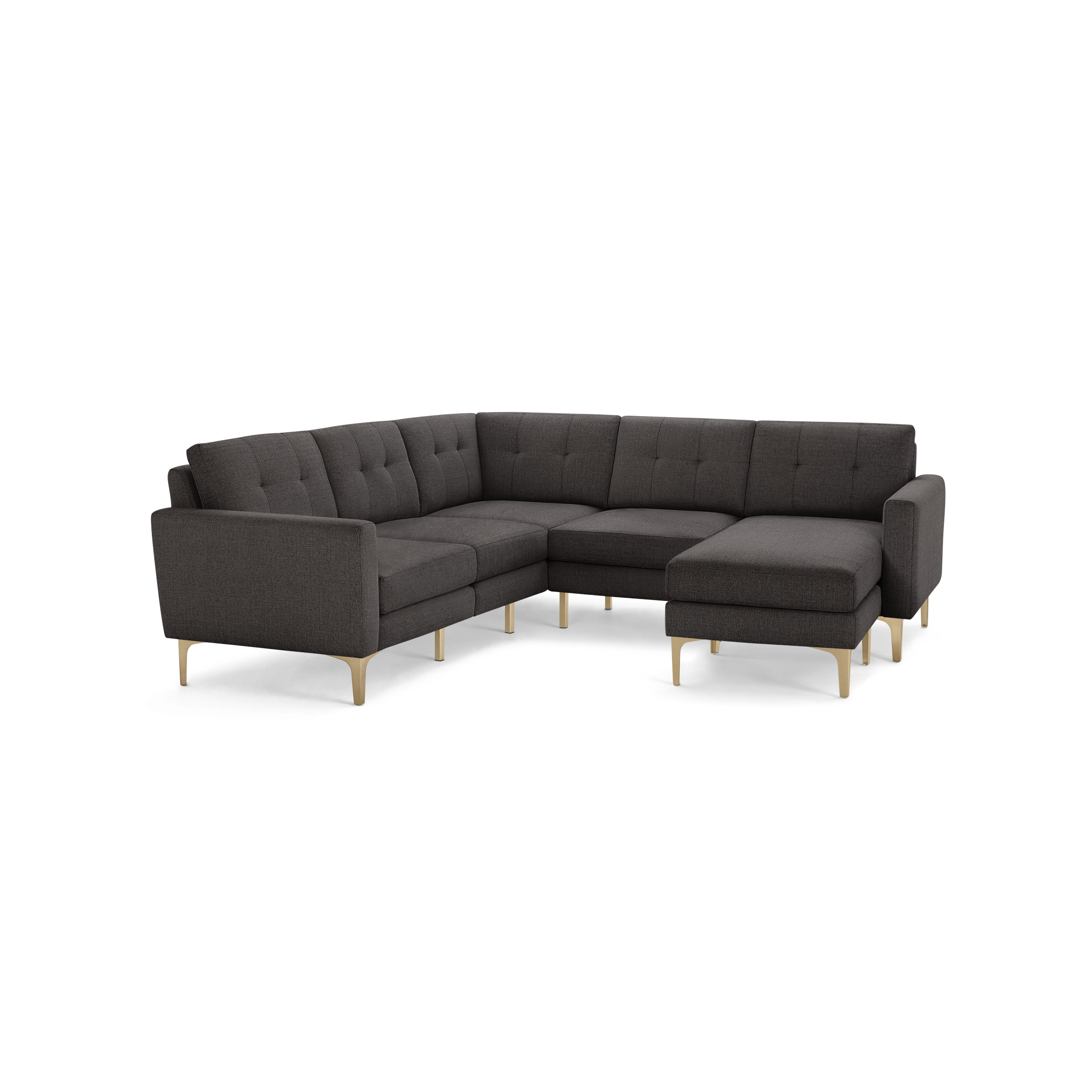 Dark gray L-shaped sectional sofa with tufted cushions and light wooden legs, designed for modern living spaces.